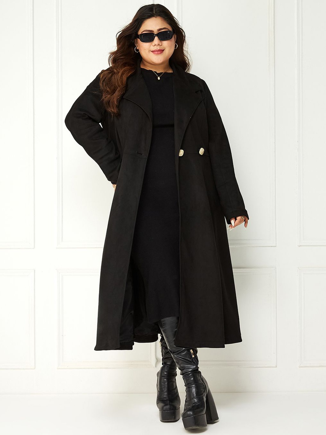 

Miss Chase A+ Women Solid Notched Lapel Longline Coat, Black
