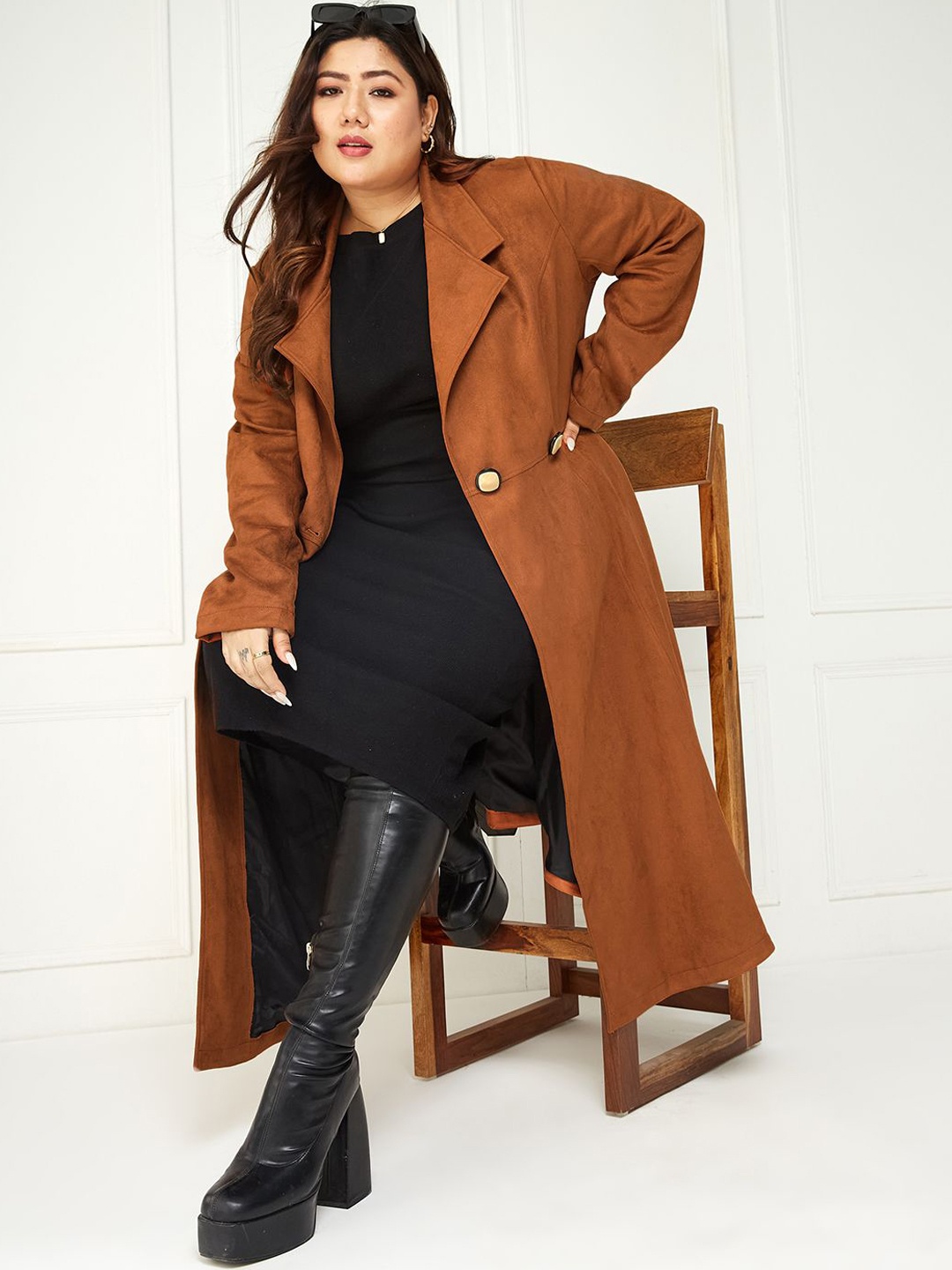 

Miss Chase A+ Women Solid Notched Lapel Longline Coat, Brown
