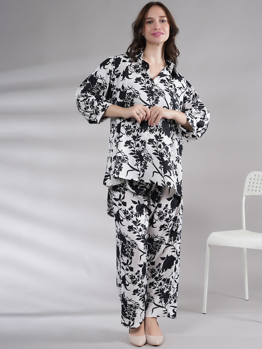 

NEYSA Printed Shirt Collar Shirt & Palazzo, Black