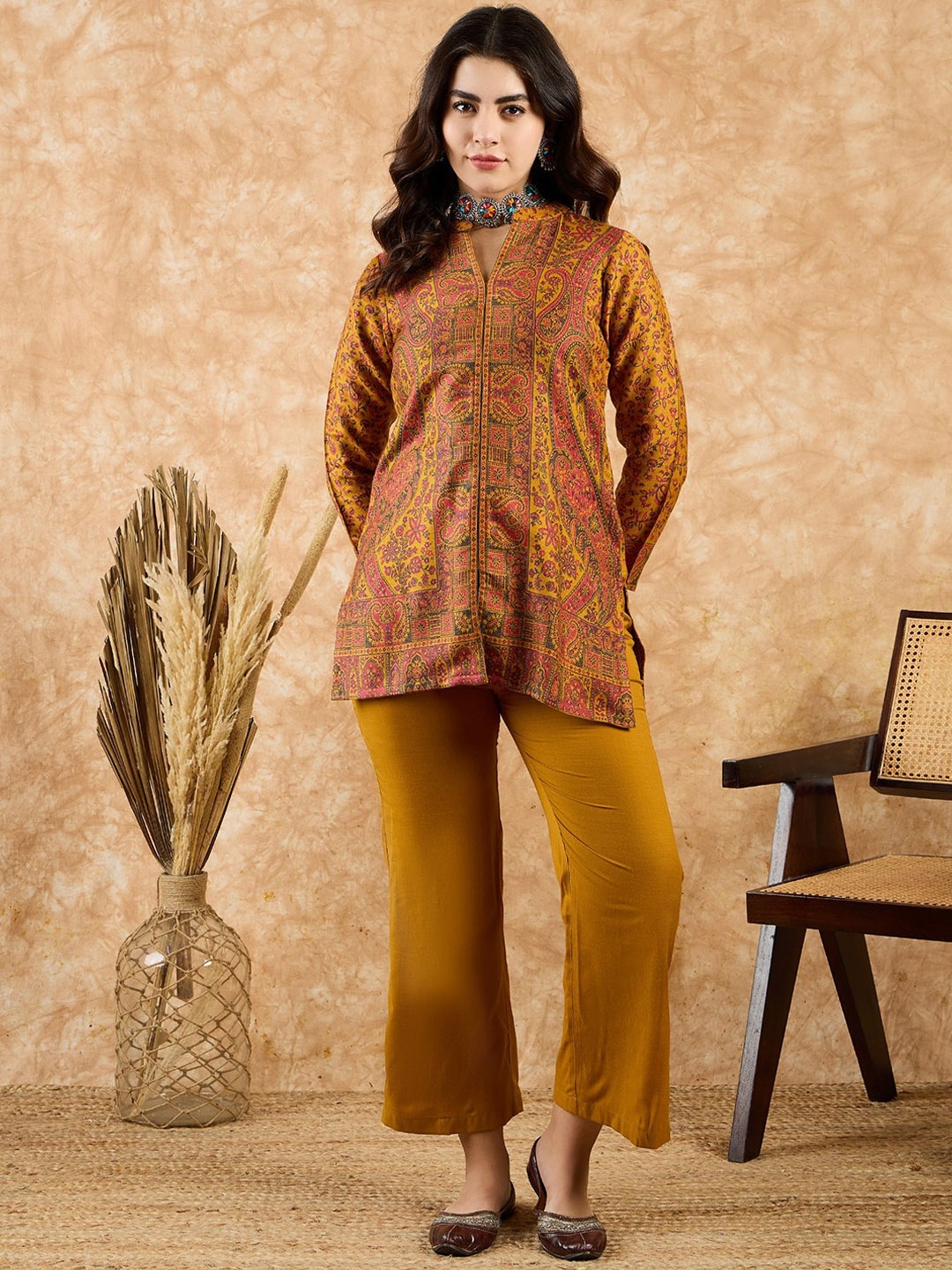 

Sangria Mustard Woven Design Mandarin Collar Three-Quarter Sleeves Top With Trouser