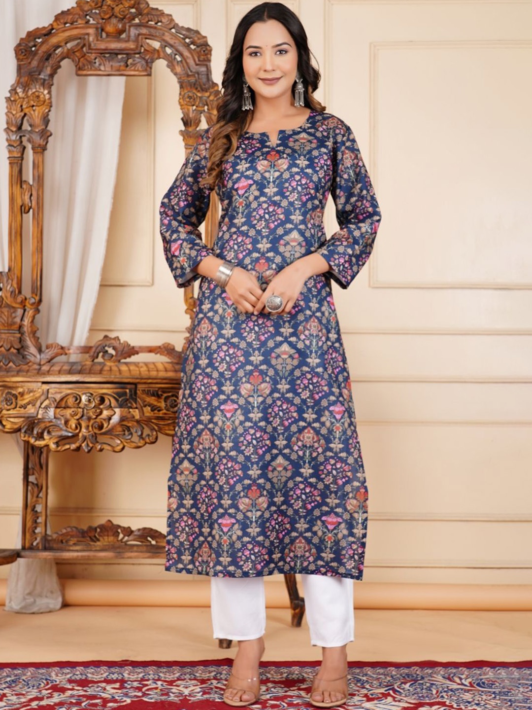

GUDWEARS Floral Printed Notch Neck Cotton Straight Kurta, Blue