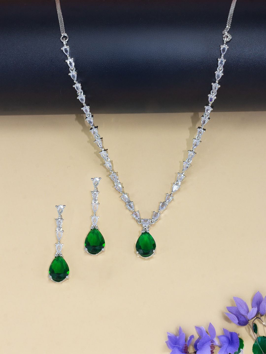 

PRIVIU Rhodium Plated AD Stone Studded Jewellery Set, Silver