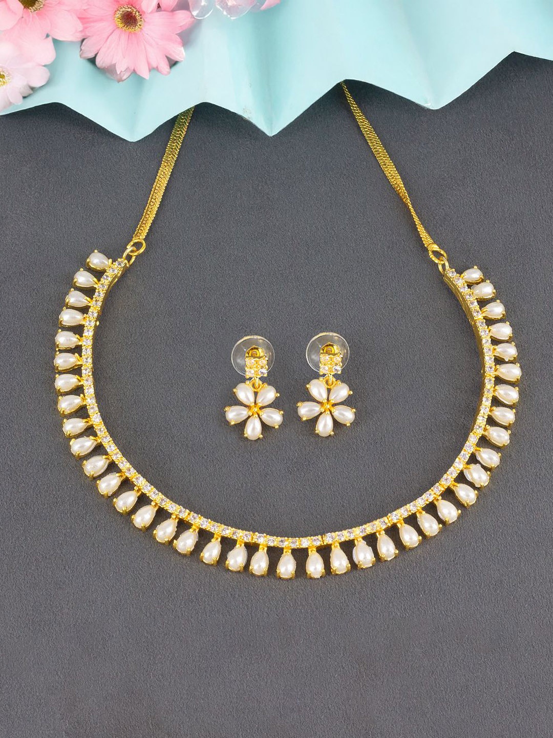 

PRIVIU Gold Plated AD Stone Studded & Beaded Necklace & Earrings