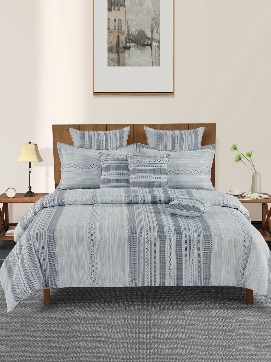 

SWAYAM Pastel Vogue Blue & Grey Striped Pure Cotton AC Room 150 GSM Double Bed Comforter
