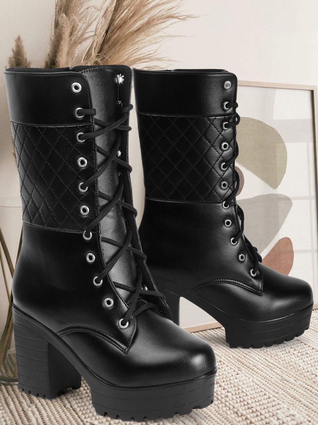 

Killer Women Calf High Embroidery Detailed Lace-up Boots, Black