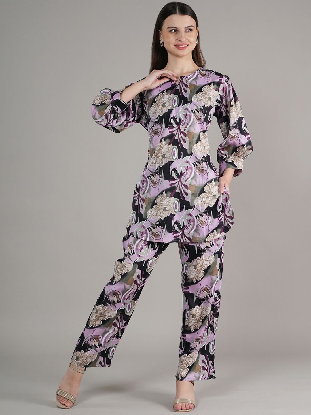 

NEYSA Printed Notch Neck Tunic And Trousers, Purple