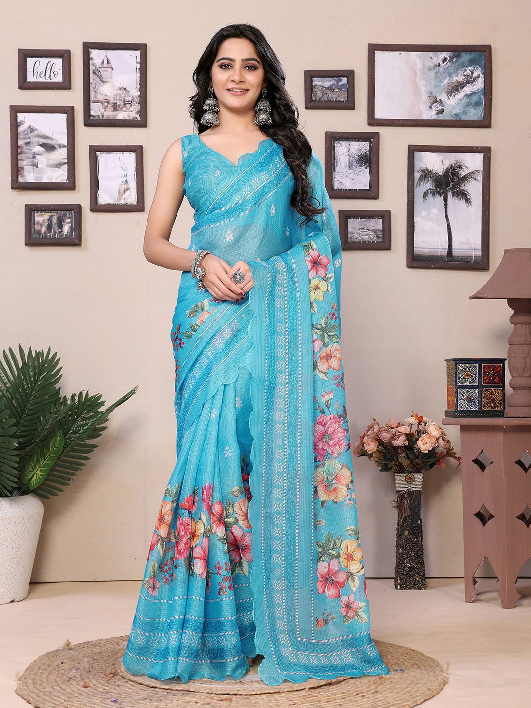 

Mitera Floral Printed Ready to Wear Saree, Blue