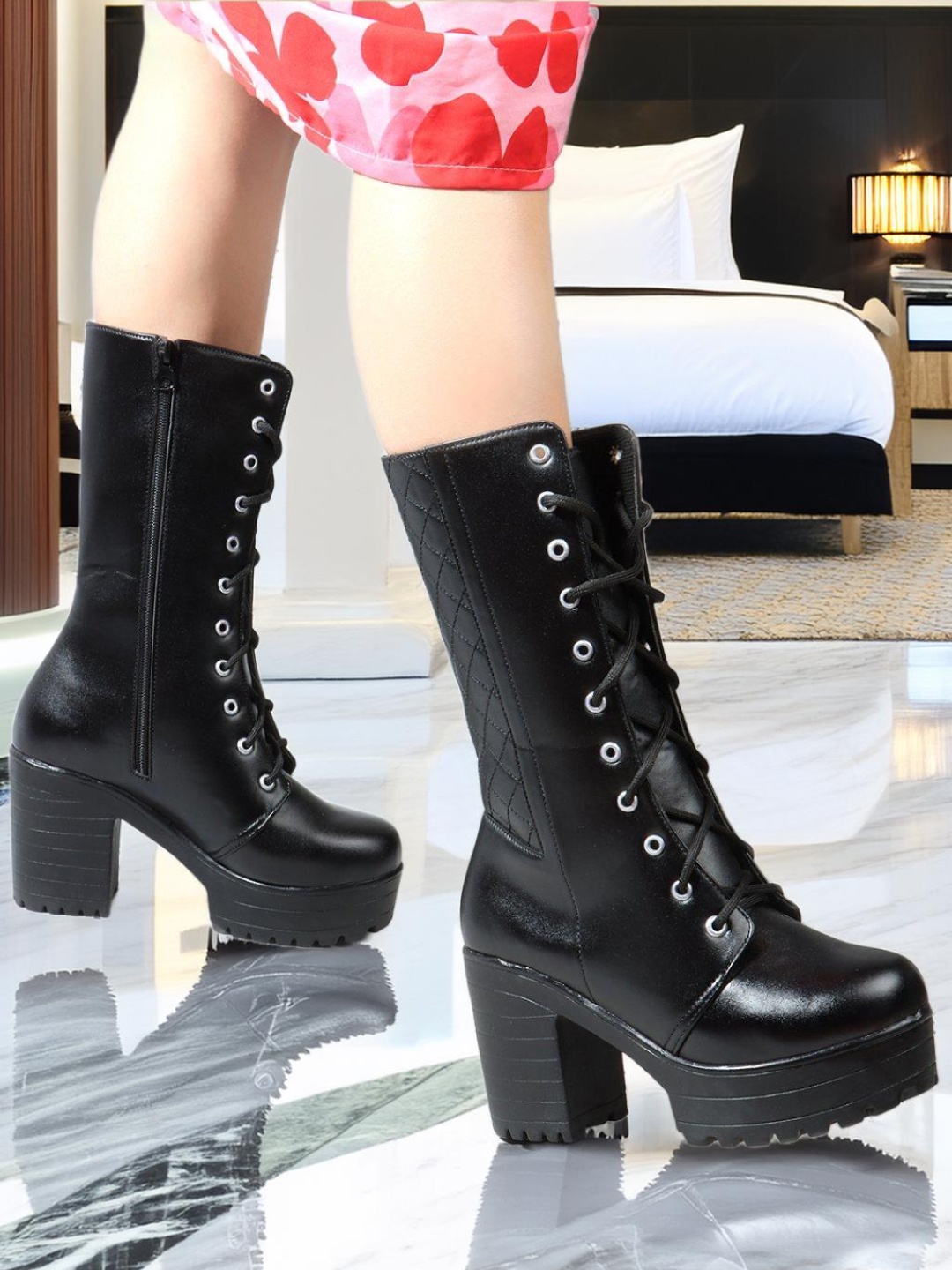 

Killer Women Calf High Lace-up Boots, Black