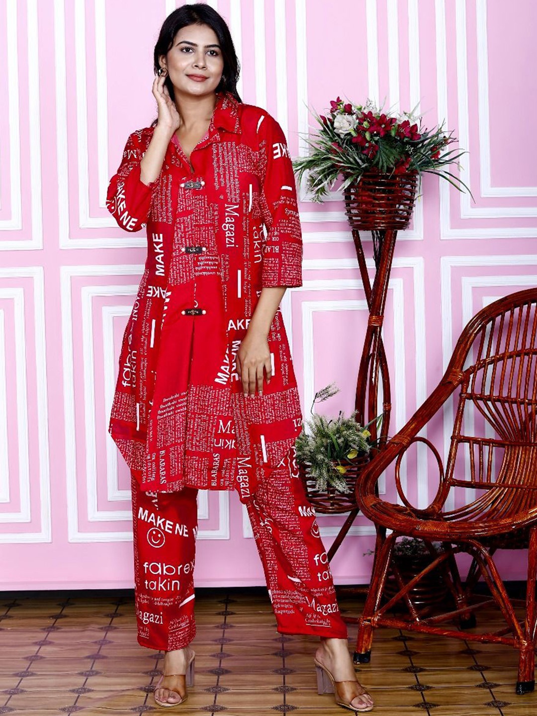 

MILAAV Printed Shirt Collar Tunic With Trouser, Red