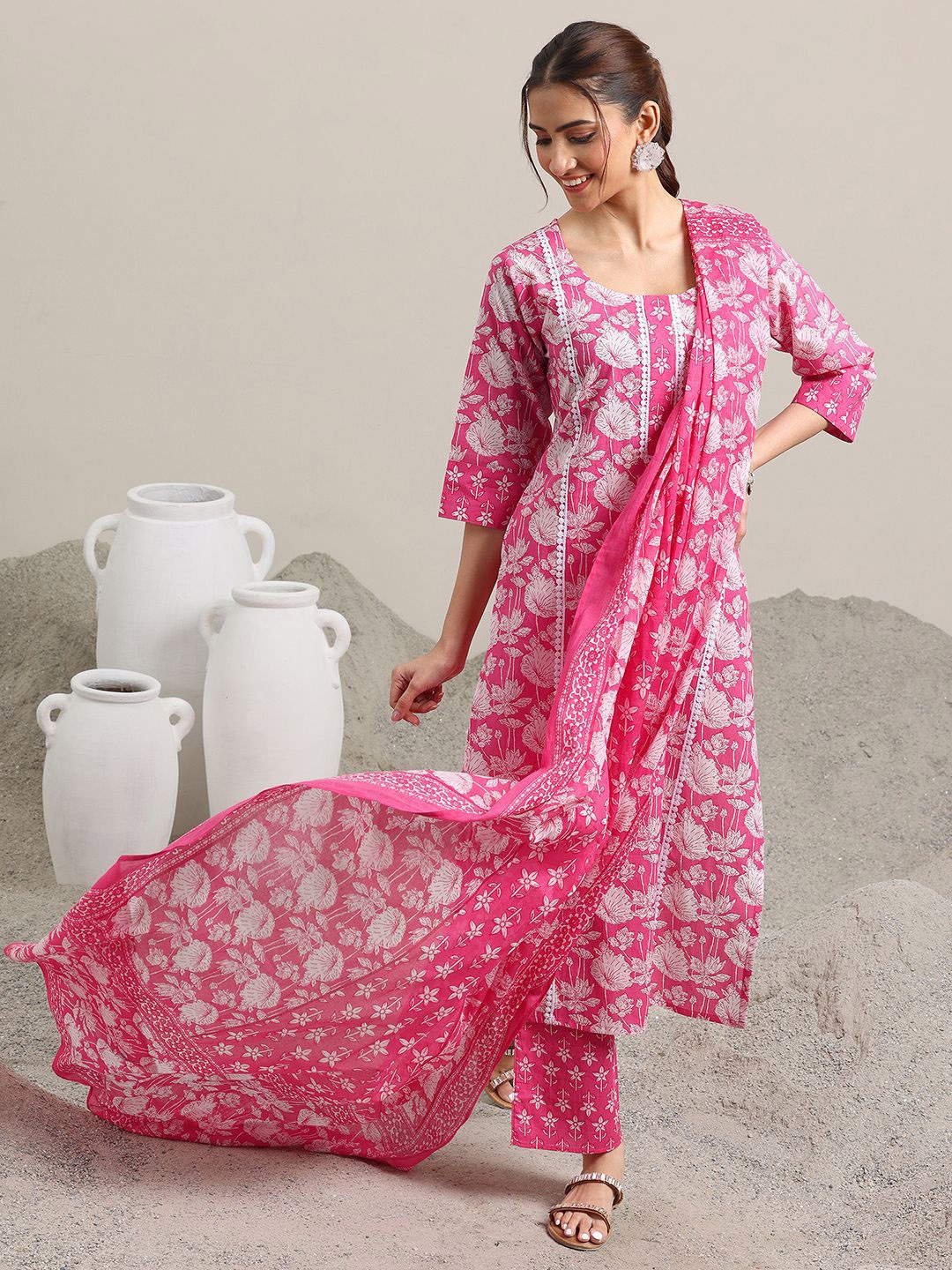

Libas Floral Printed Pure Cotton Straight Kurta with Trousers & Dupatta, Pink