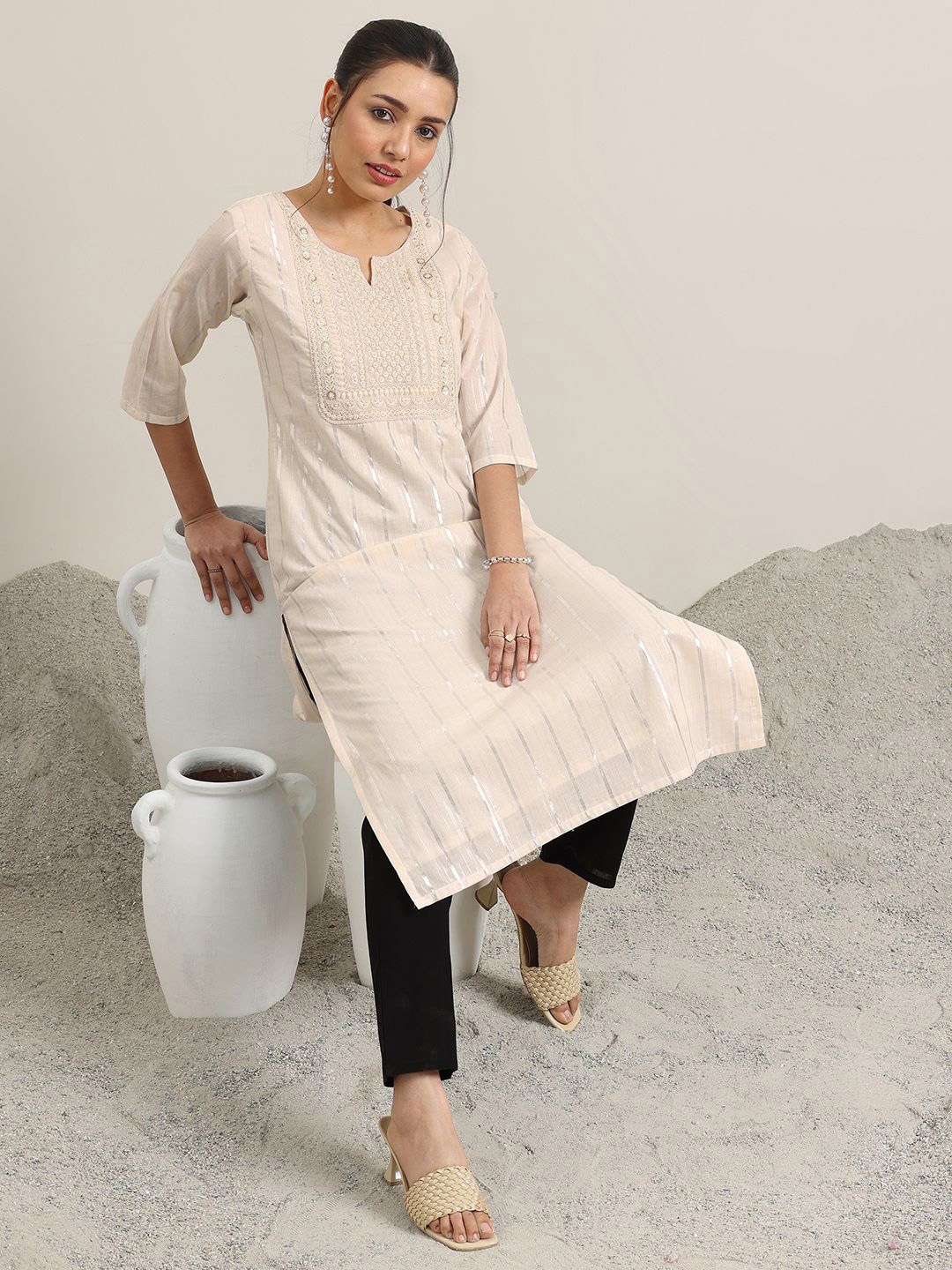 

Libas Off white Striped Round Neck Thread Work Pure Cotton Straight Kurta