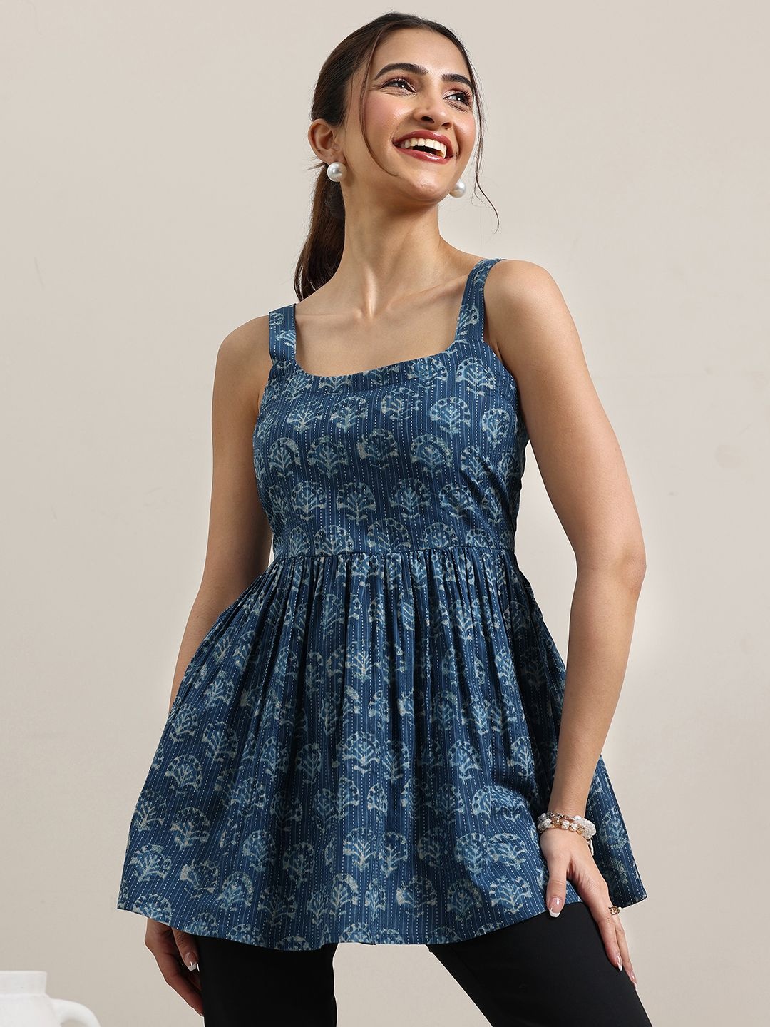 

Libas Women Floral Printed Square Neck Pure Cotton Anarkali Kurti, Blue