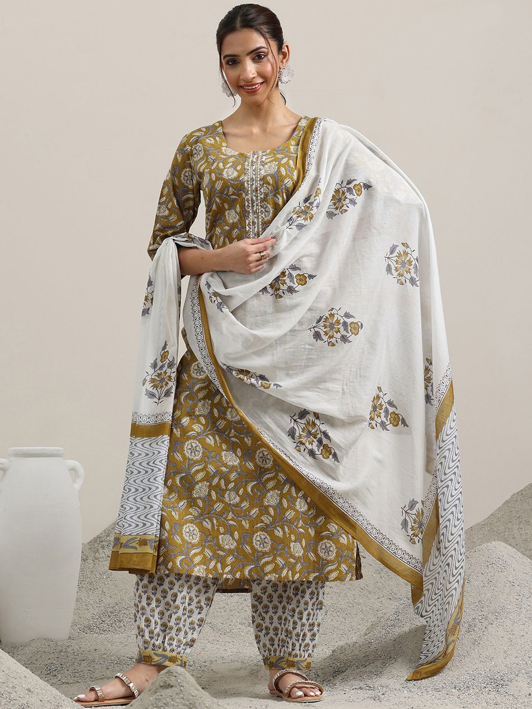 

Libas Floral Printed Pure Cotton Straight Kurta with Salwar & Dupatta, Mustard