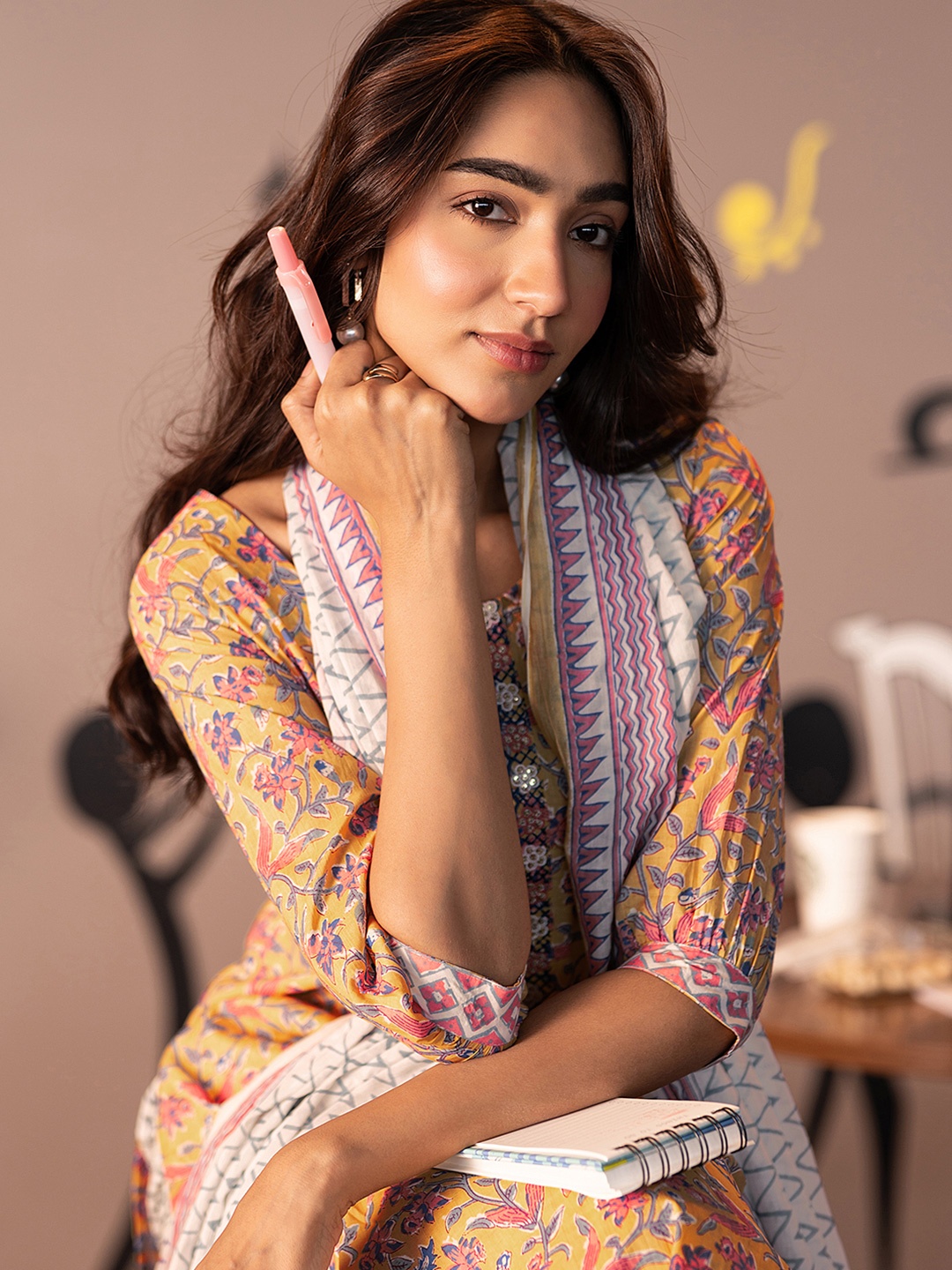 Libas Floral Printed Round Neck Thread Work Pure Cotton Straight Kurta & Salwar & Dupatta, Yellow