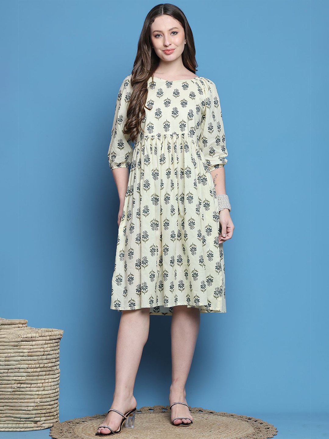 

Rajnandini Women Cotton Floral Printed Fit and Flare Dress, Off white