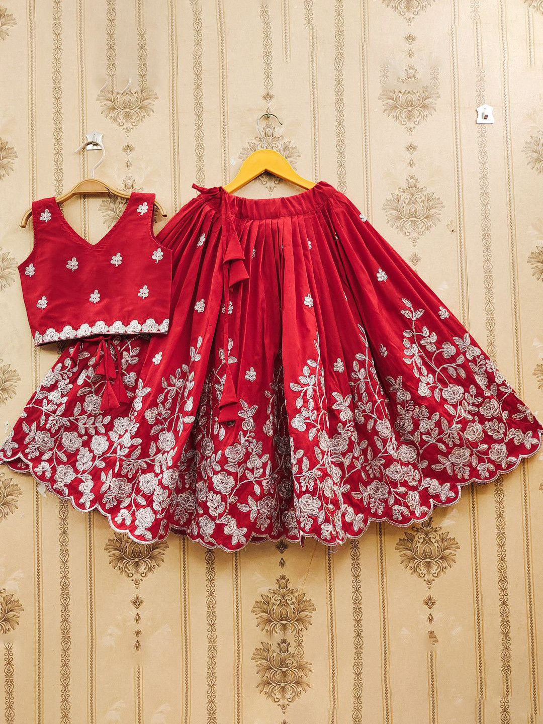 

JOVK DESIGN Girls Embroidered Zari Work Silk Ready to Wear Lehenga & Blouse, Red