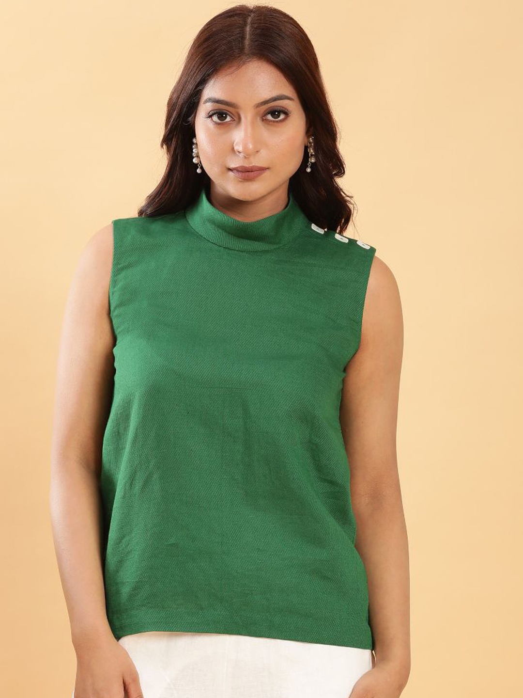 

BohoJazz High Neck Linen Top With Trouser, Green