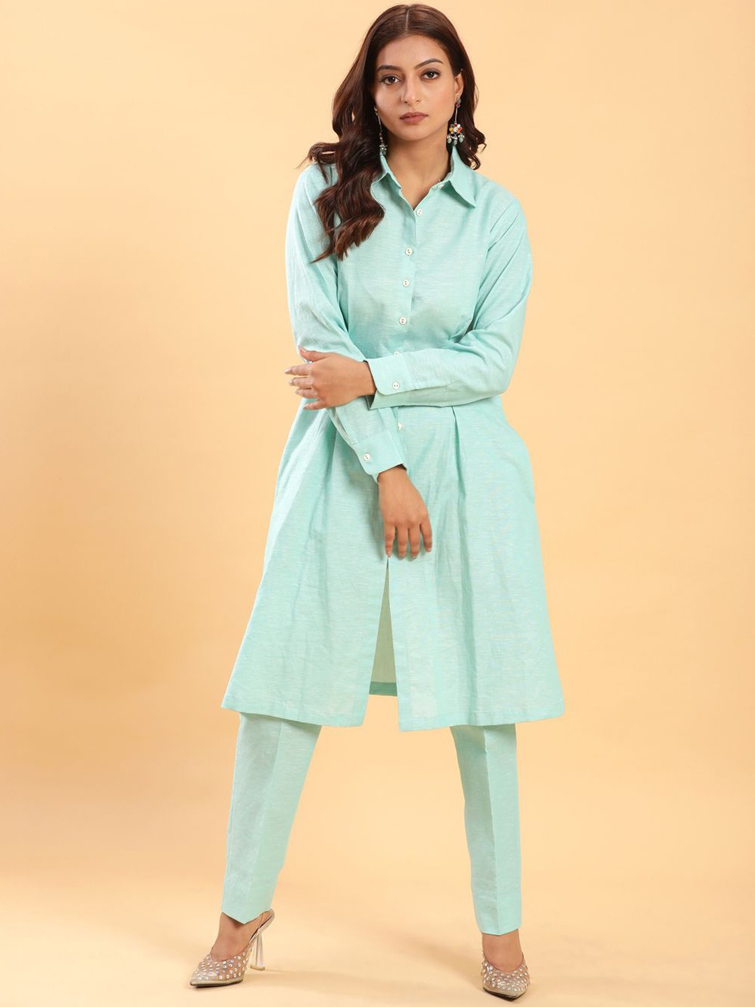 

BohoJazz Shirt Collar Long Sleeves Linen Tunic With Trouser, Sea green