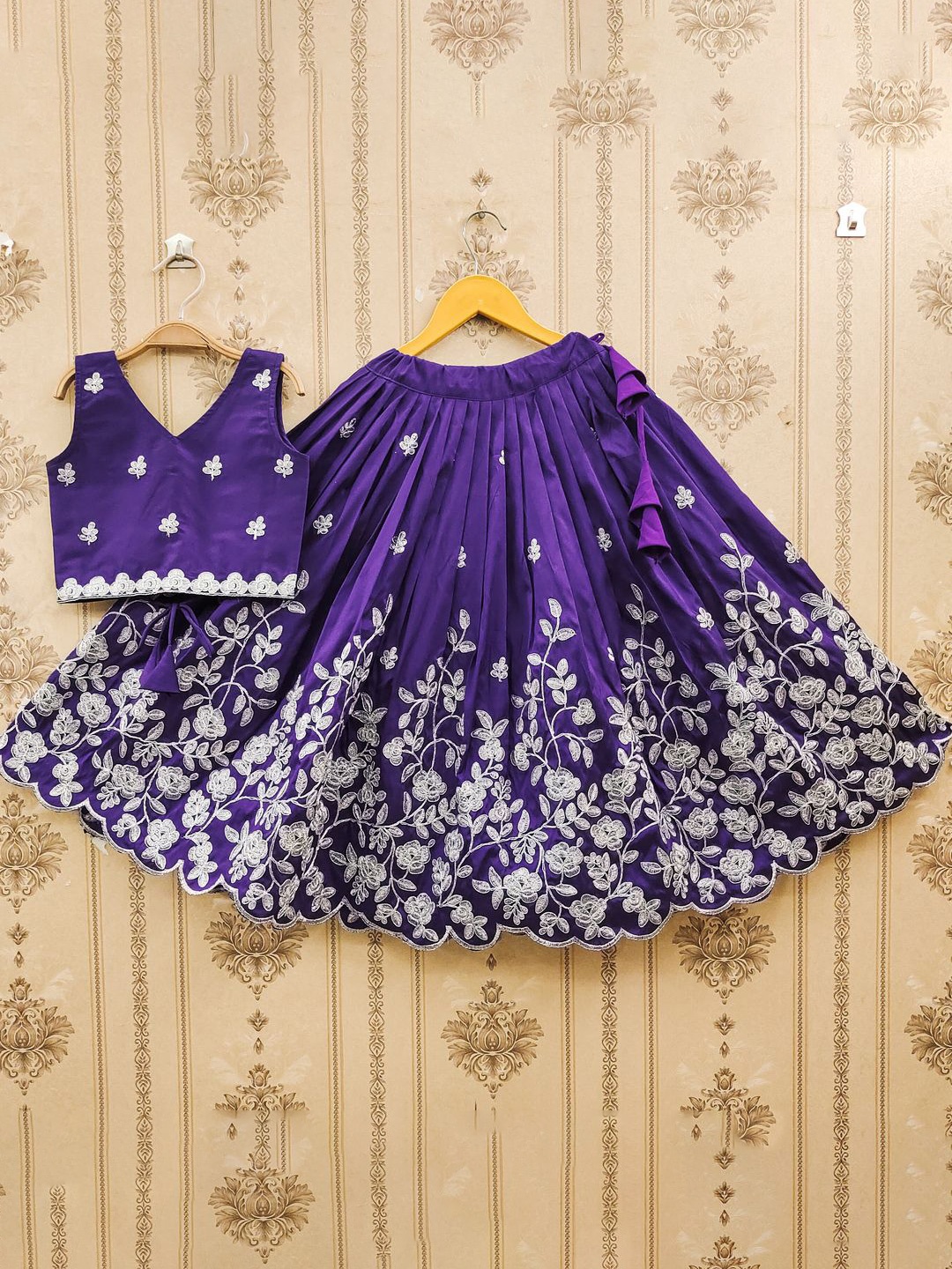 

JOVK DESIGN Girls Embroidered Zari Work Silk Ready to Wear Lehenga & Blouse, Violet