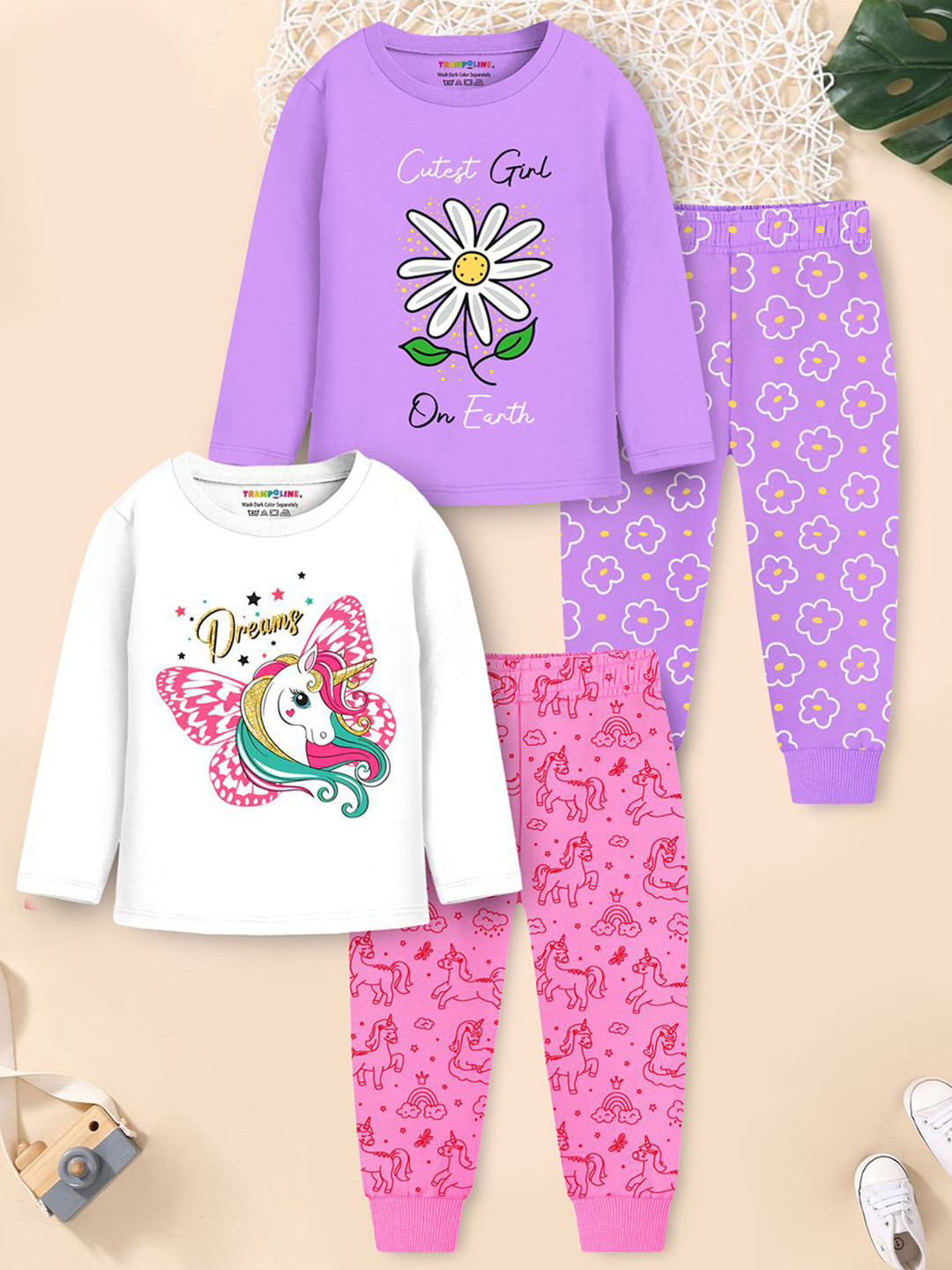 

YK X Trampoline Girls Pack of 2 Printed Round Neck Long Sleeves T-Shirt With Pyjama, White
