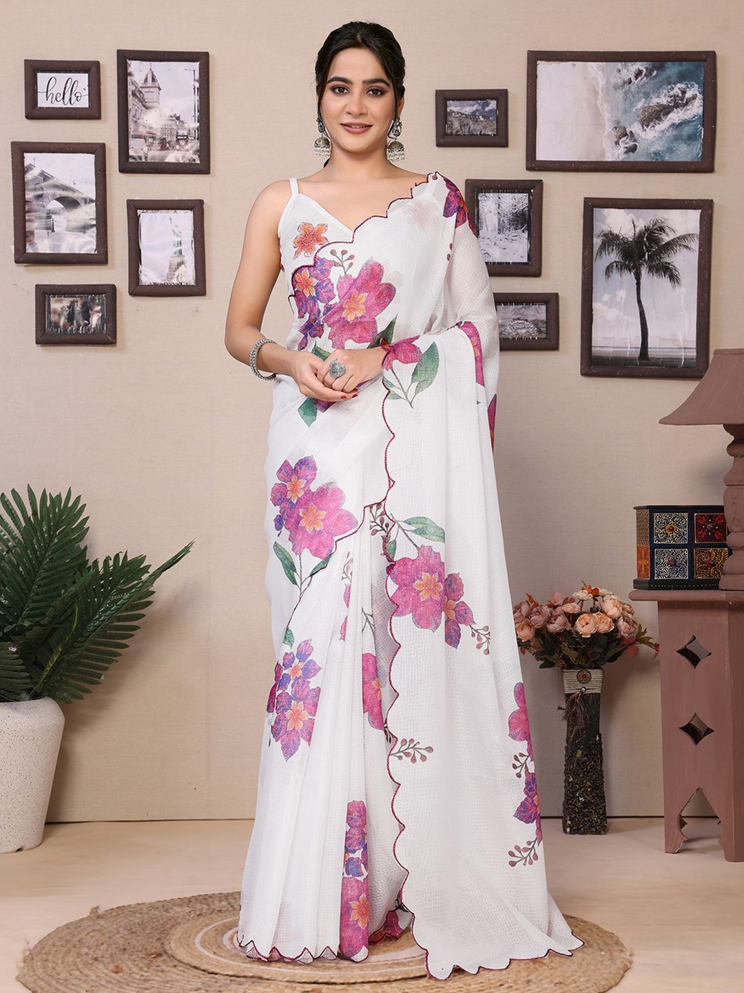 

Mitera Floral Printed Ready to Wear Saree, White