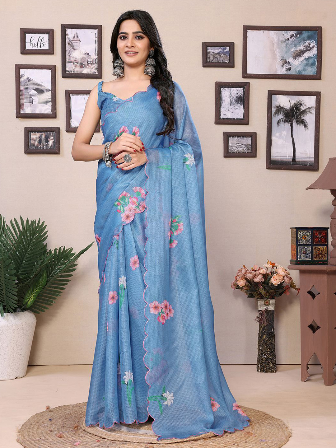 

Mitera Floral Printed Ready to Wear Saree, Blue