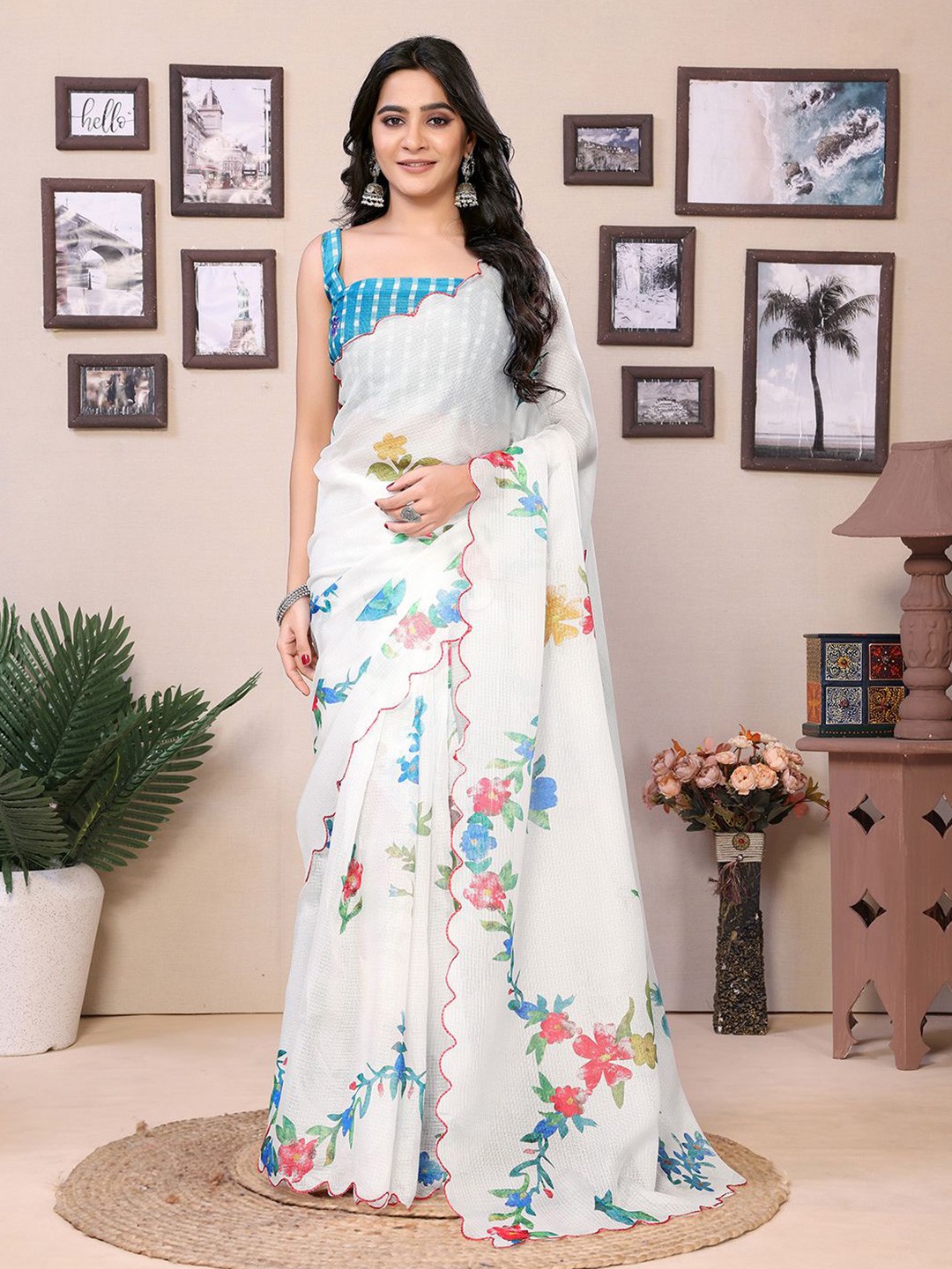 

Mitera Floral Printed Embroidered Ready to Wear Saree, White