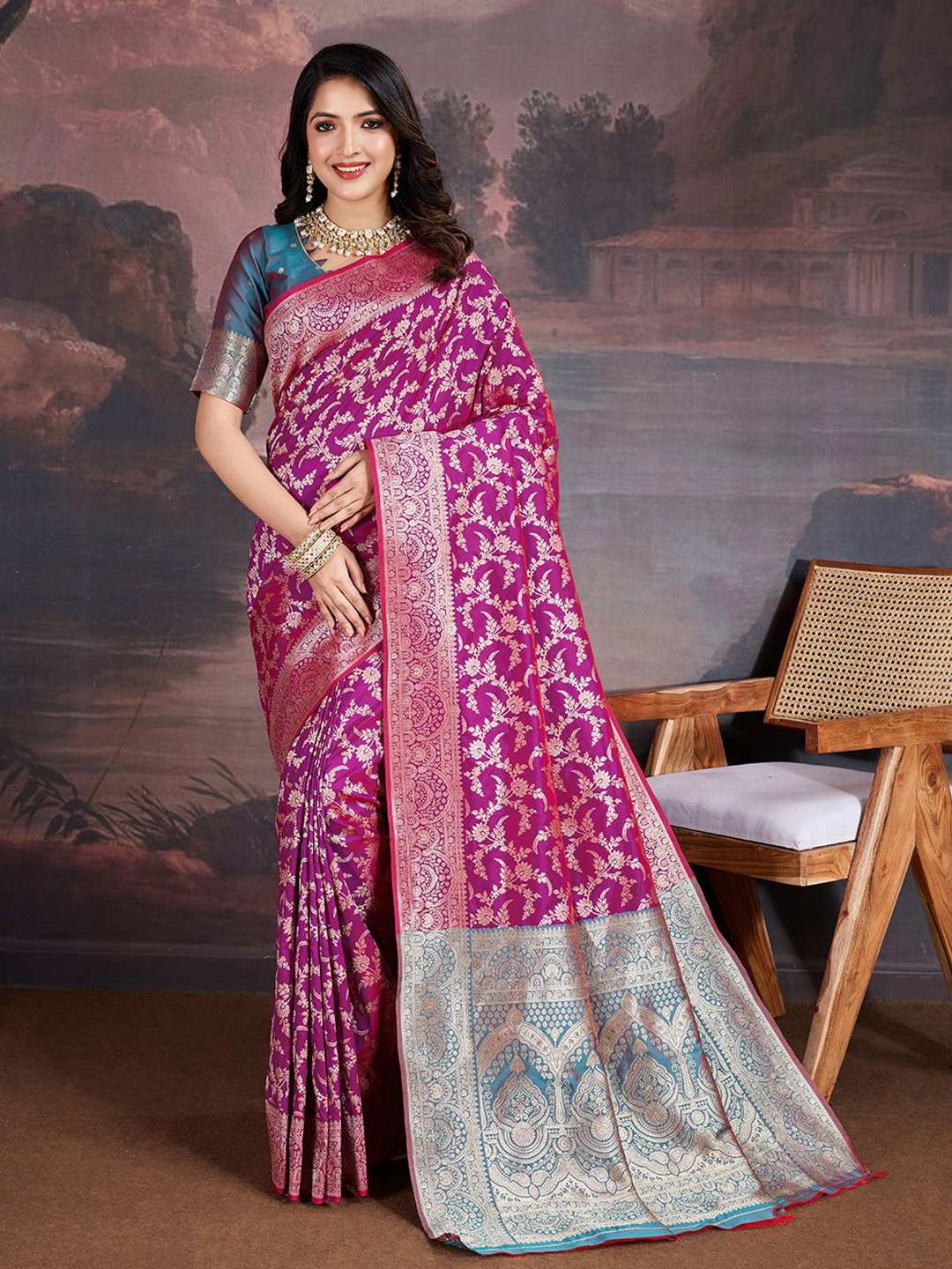

House of Pataudi Woven Design Zari Saree With Blouse Piece, Magenta
