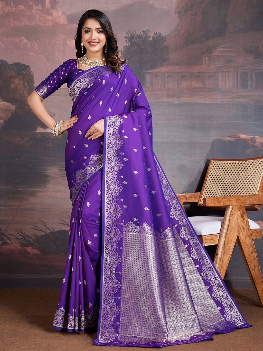 

House of Pataudi Woven Design Zari Saree With Blouse Piece, Purple