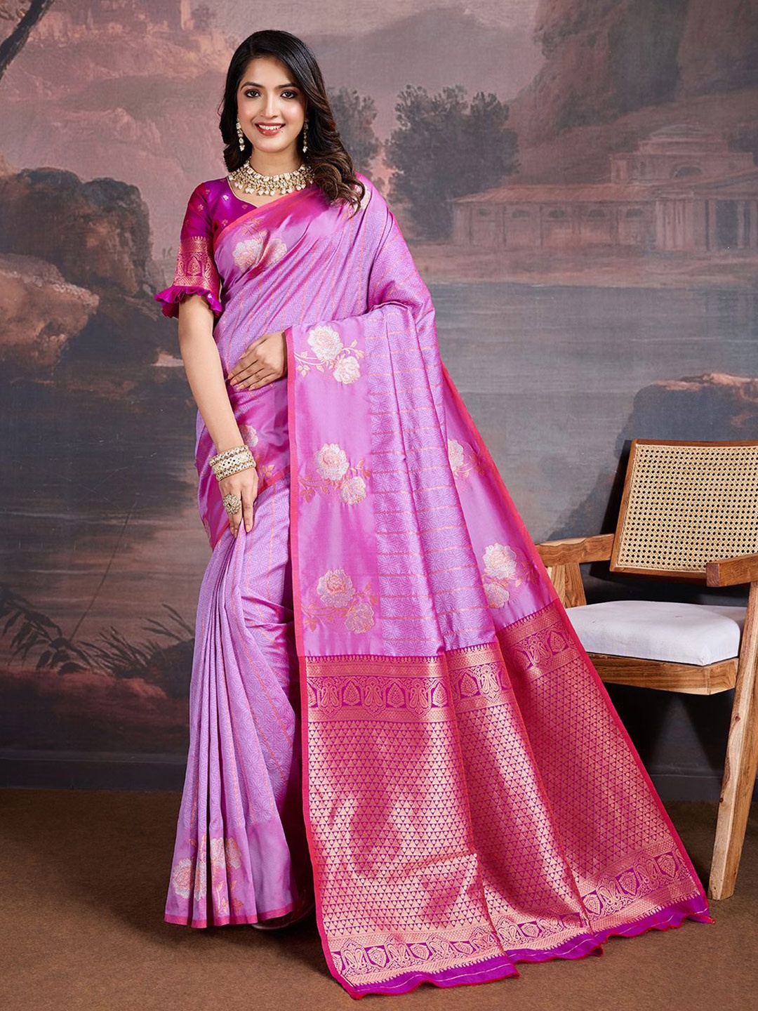 

House of Pataudi Woven Design Zari Saree With Blouse Piece, Pink