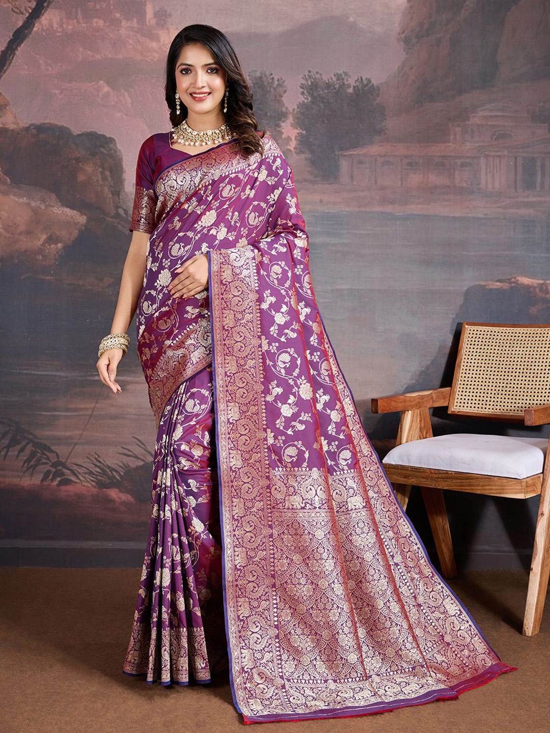 

House of Pataudi Woven Design Banarasi Saree With Blouse Piece, Purple