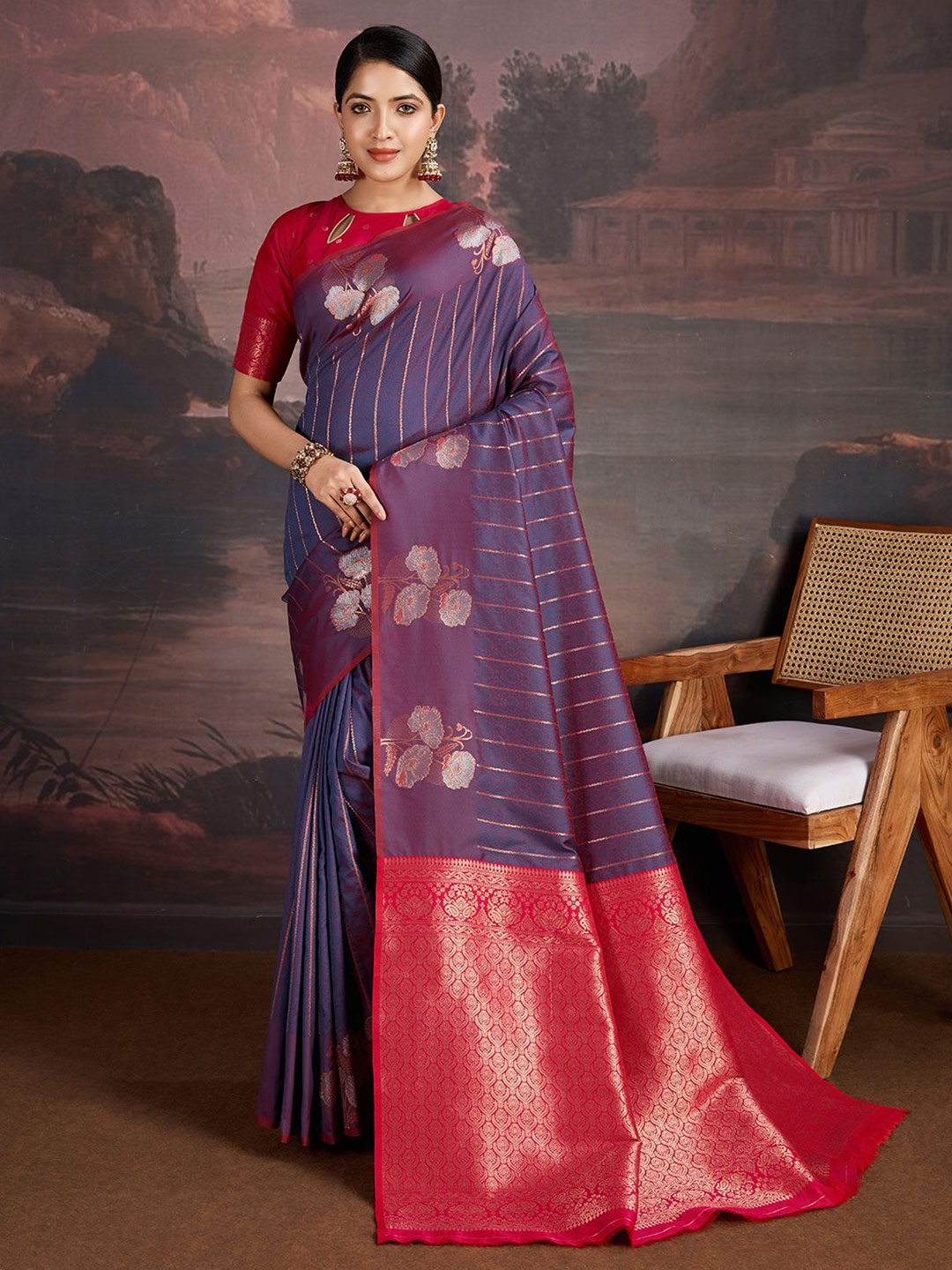 

House of Pataudi Woven Design Zari Saree With Blouse Piece, Blue