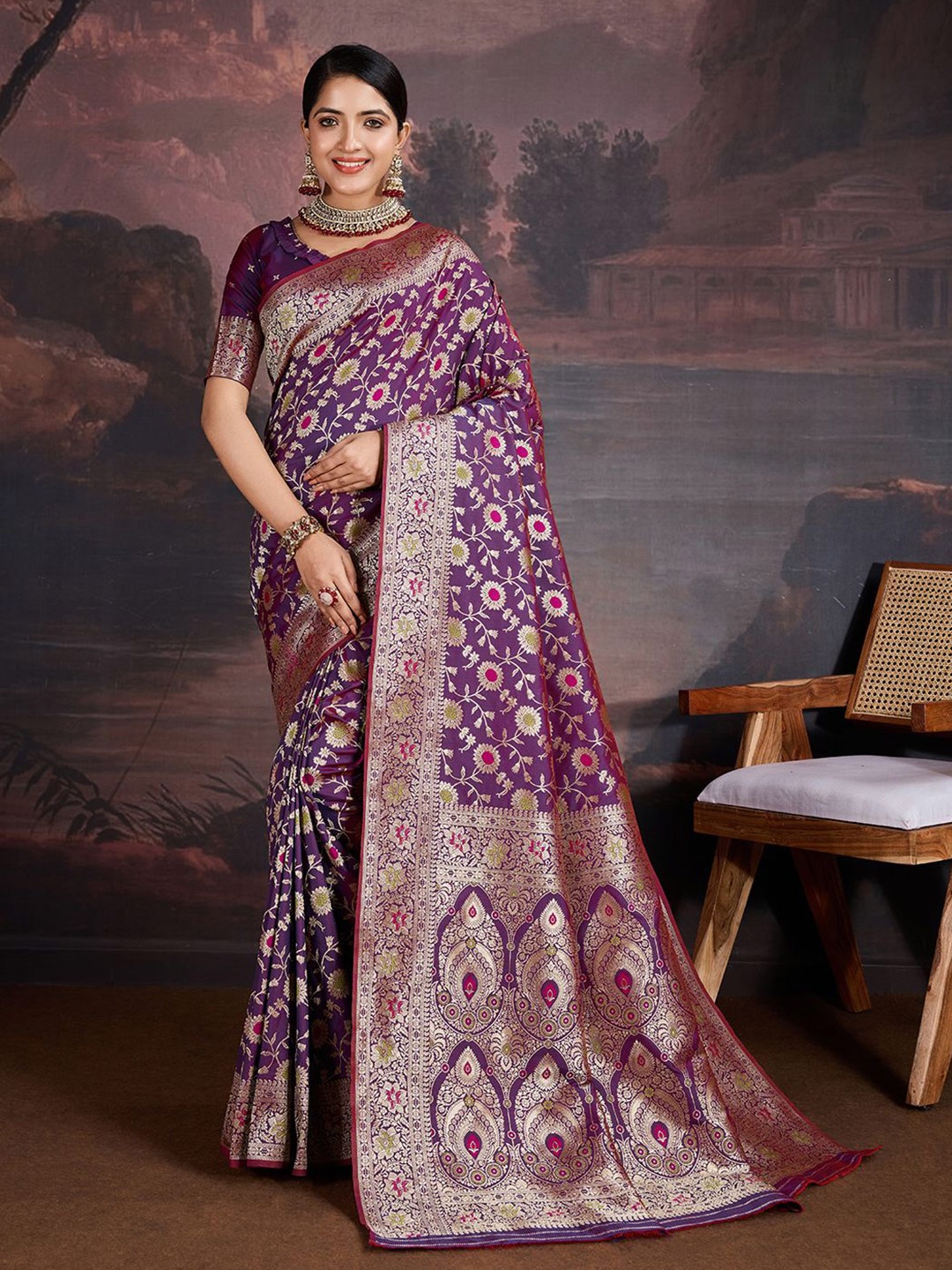 

House of Pataudi Woven Design Banarasi Saree, Purple