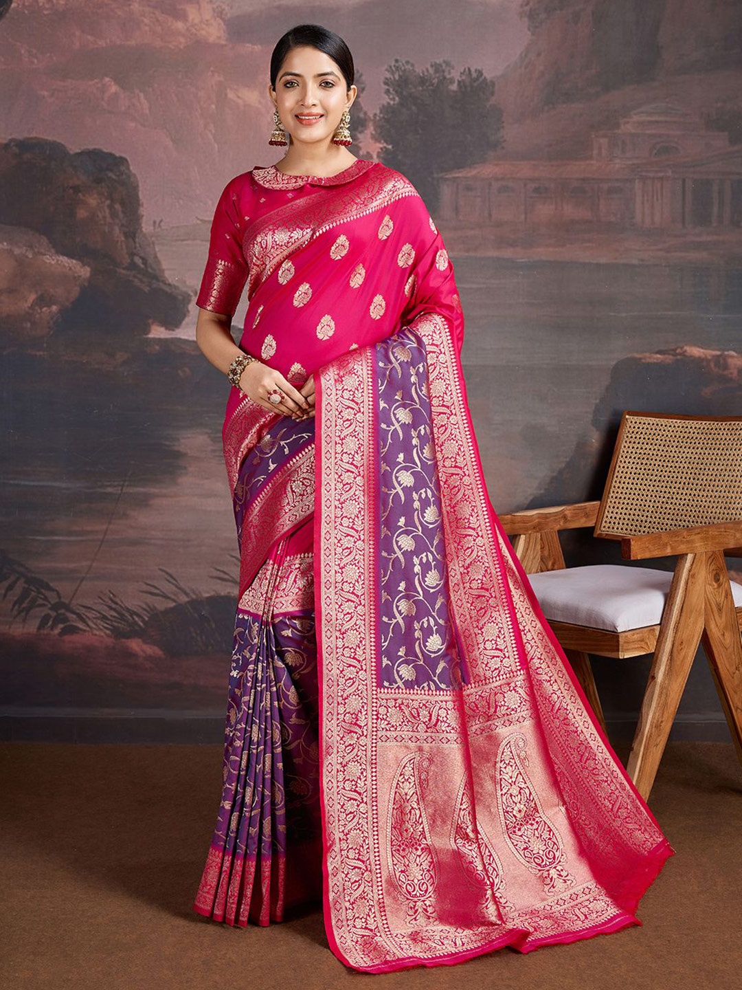 

House of Pataudi Woven Design Zari Saree With Blouse Piece, Pink