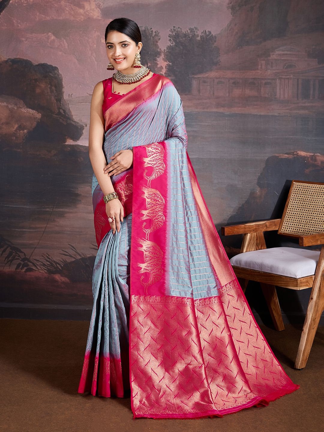 

House of Pataudi Woven Design Banarasi Saree With Blouse Piece, Pink