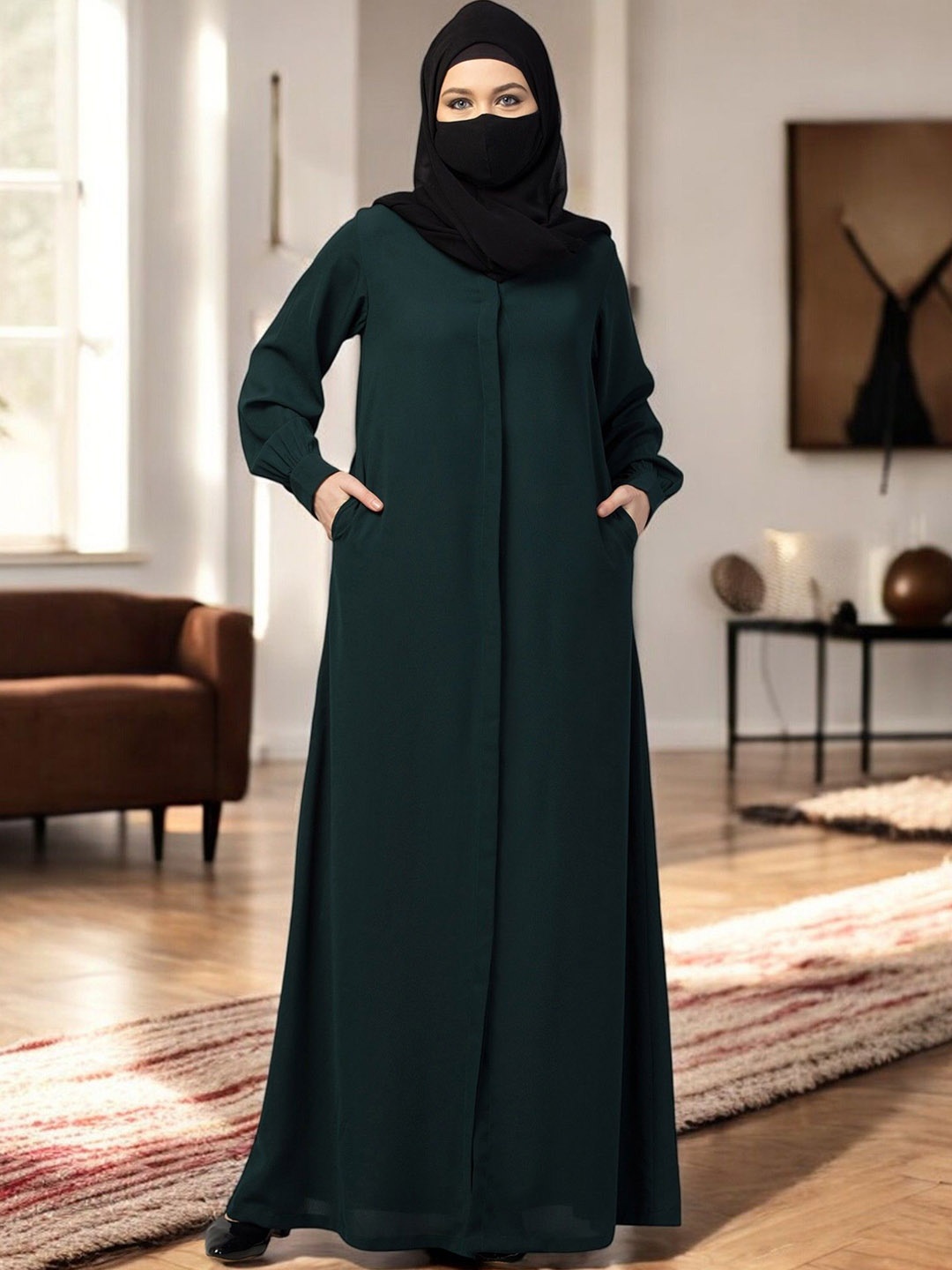 

MUSHKIYA Women Solid Front Open Abaya Burqa, Green