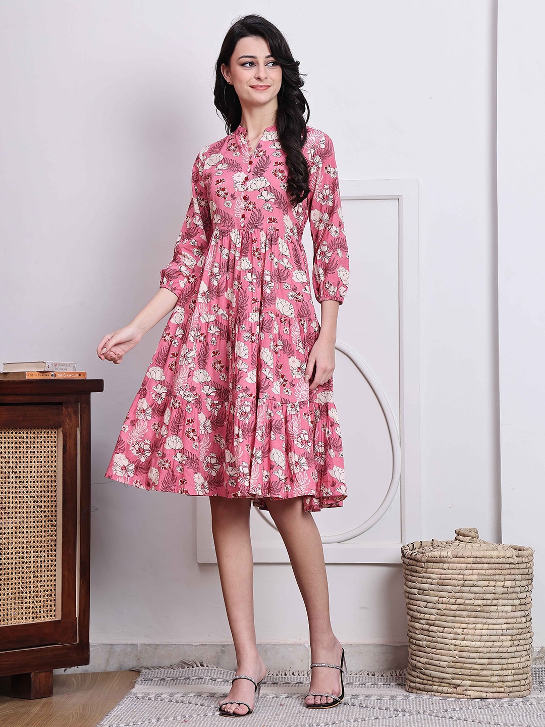 

Roly Poly Floral Printed Mandarin Collar Pure Cotton Tiered Fit and Flare Dress, Pink