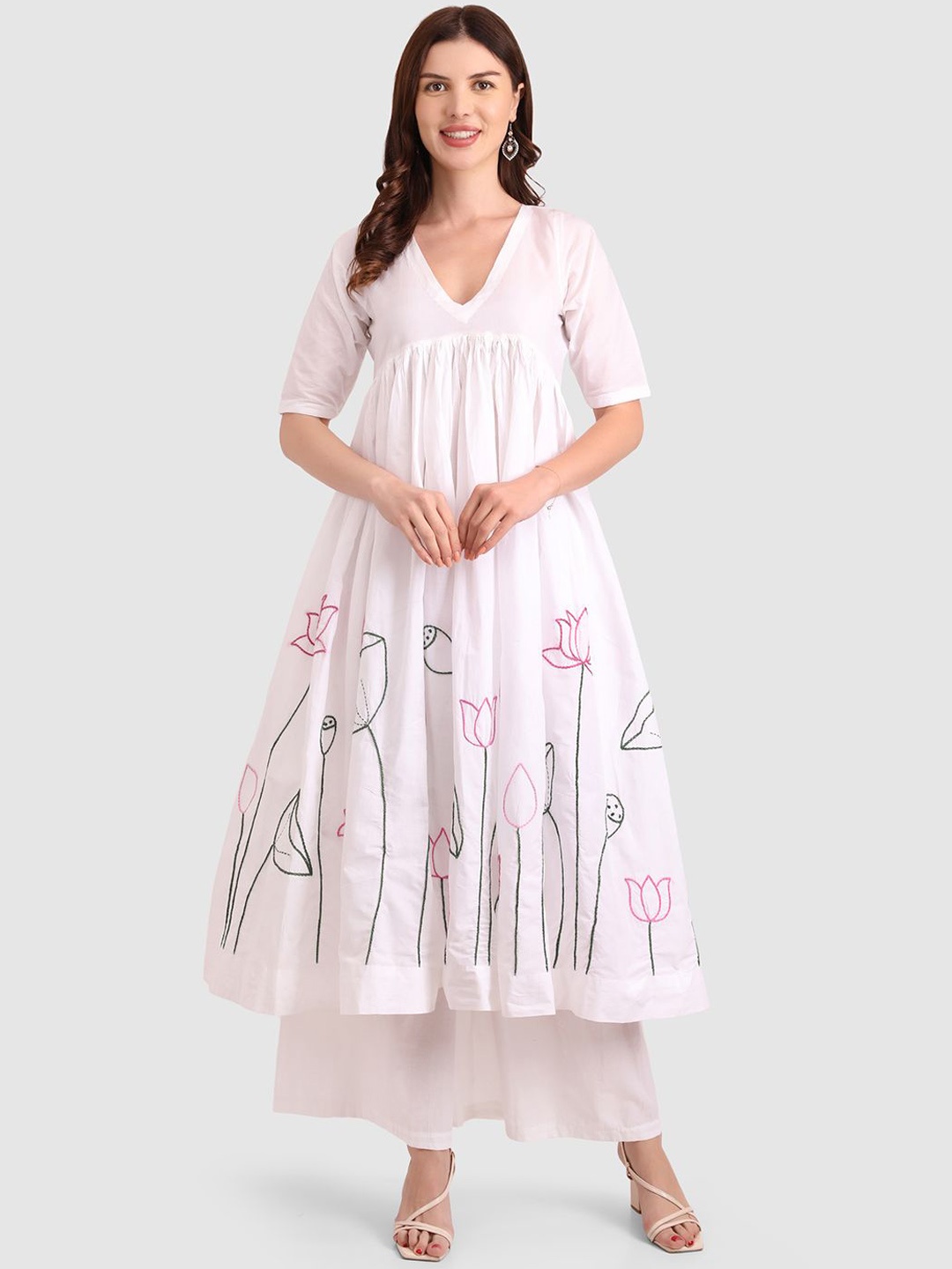 

fabbit Floral Printed Pure Cotton Anarkali Kurta with Palazzos, White