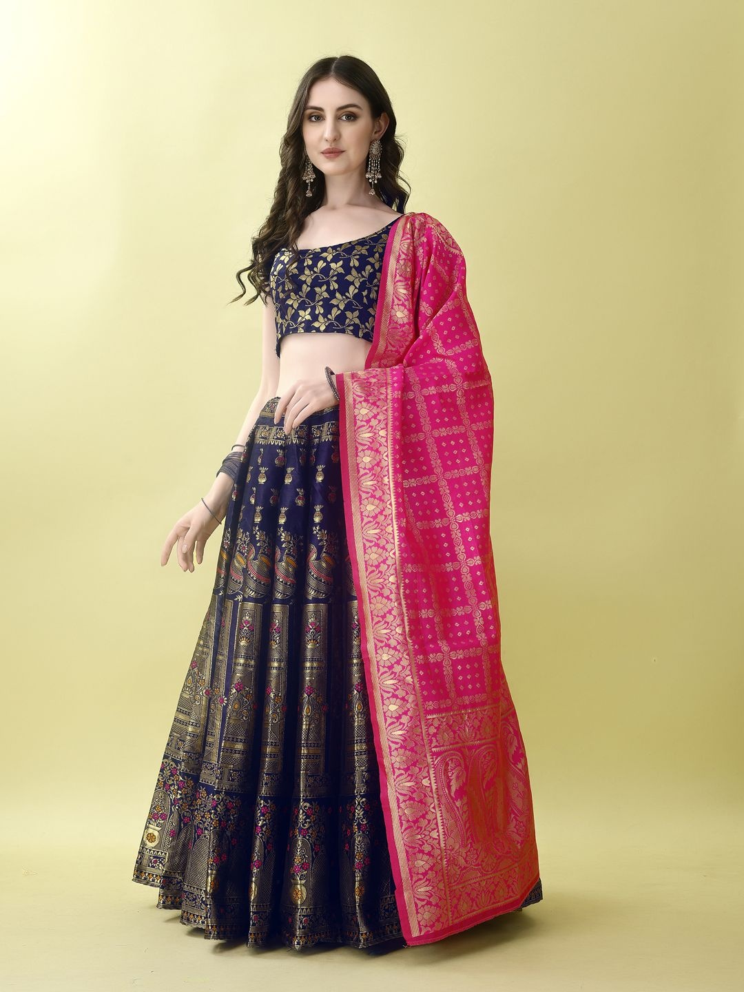 

SWAMI STUDIO Ready to Wear Lehenga & Unstitched Blouse With Dupatta, Navy blue