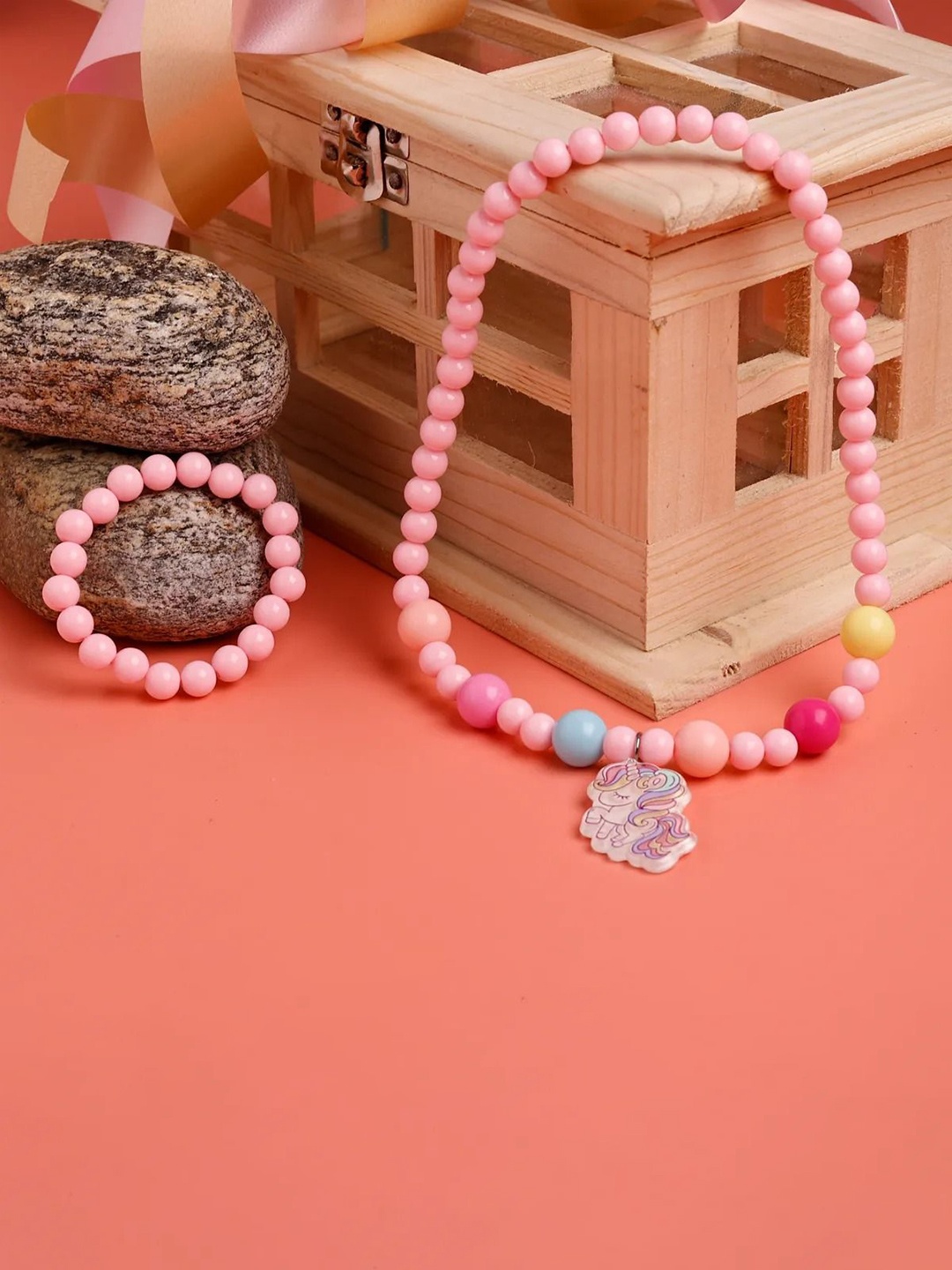 Jewelz Girls Unicorn Themed Beaded Necklace and Bracelet, Pink