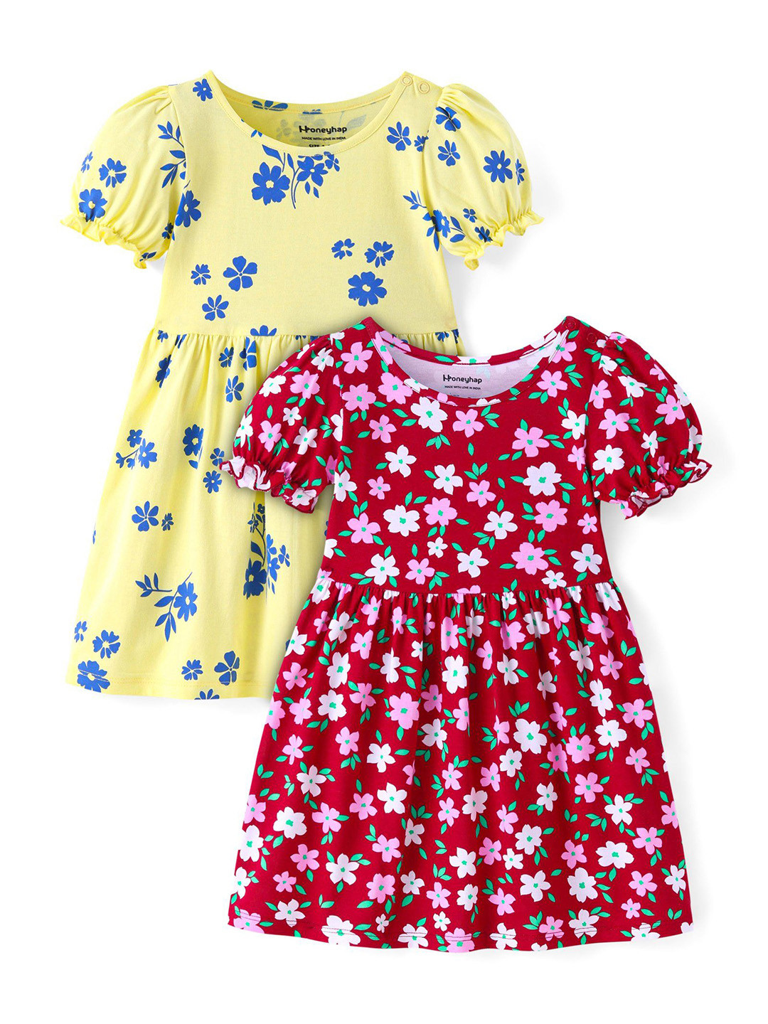 

Honeyhap Girls Pack of 2 Pure Cotton Floral Printed Fit - Flare Dress, Red