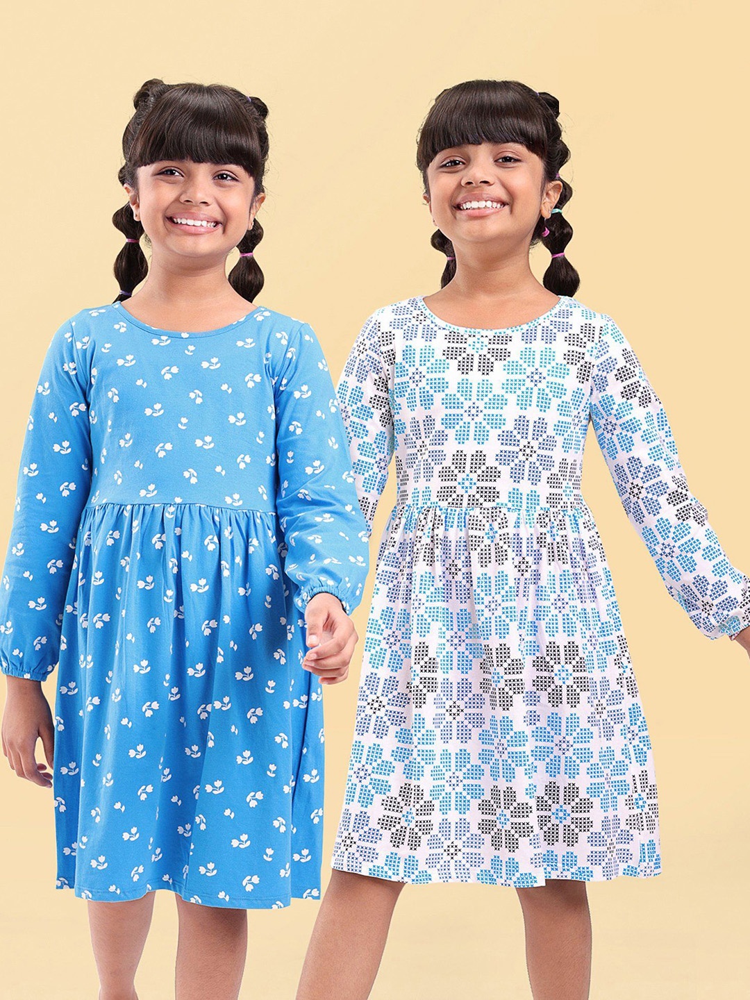 

Honeyhap Girls Pack Of 2 Floral Printed Cotton Fit & Flare Dress, White