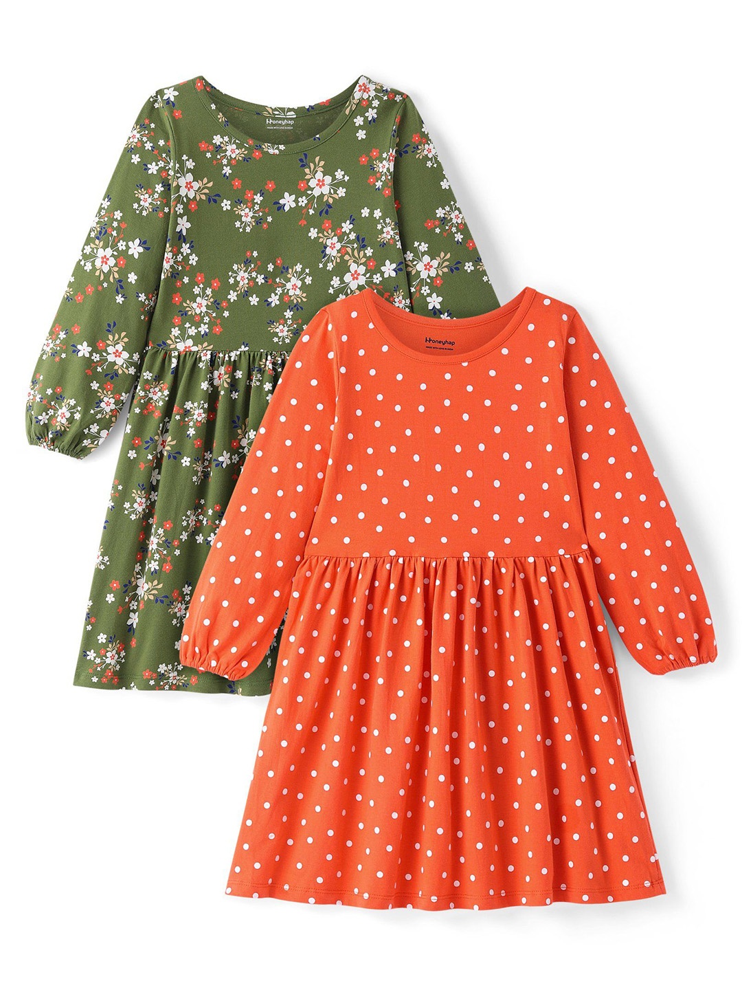 

Honeyhap Girls Pack Of 2 Cotton Floral Self Design Peplum Dress, Green