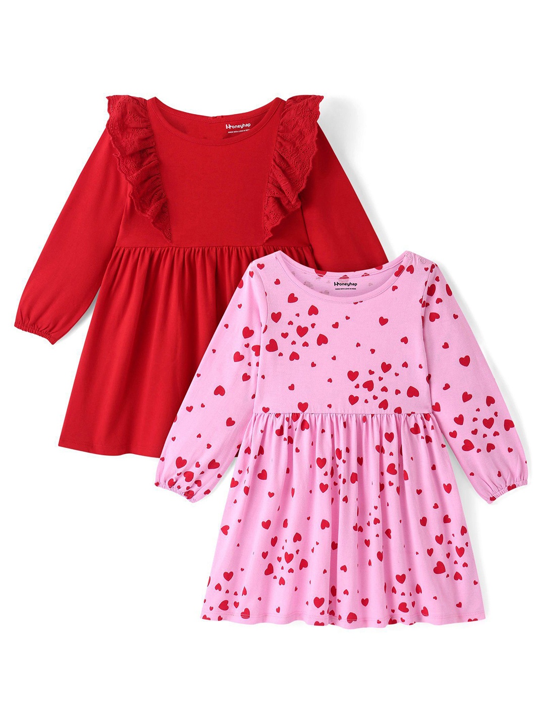 

Honeyhap Girls Pack of 2 Cotton A-Line Dress, Red