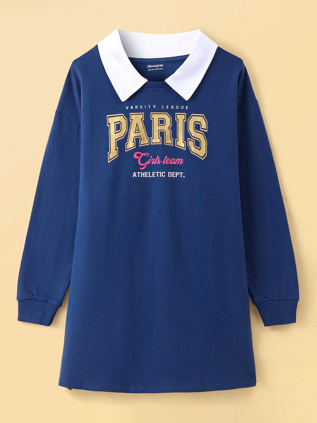 

Honeyhap Girls Printed Cotton T-shirt Dress, Navy blue