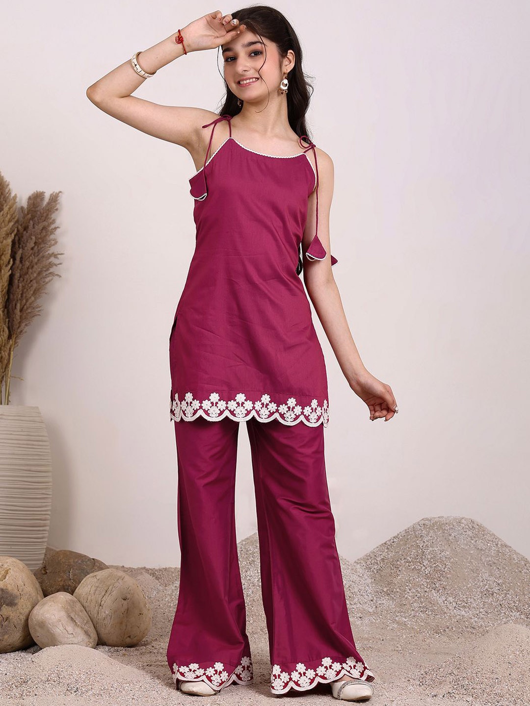 

Inddus Girls Floral Embroidered Sequinned Straight Kurta With Palazzos, Maroon