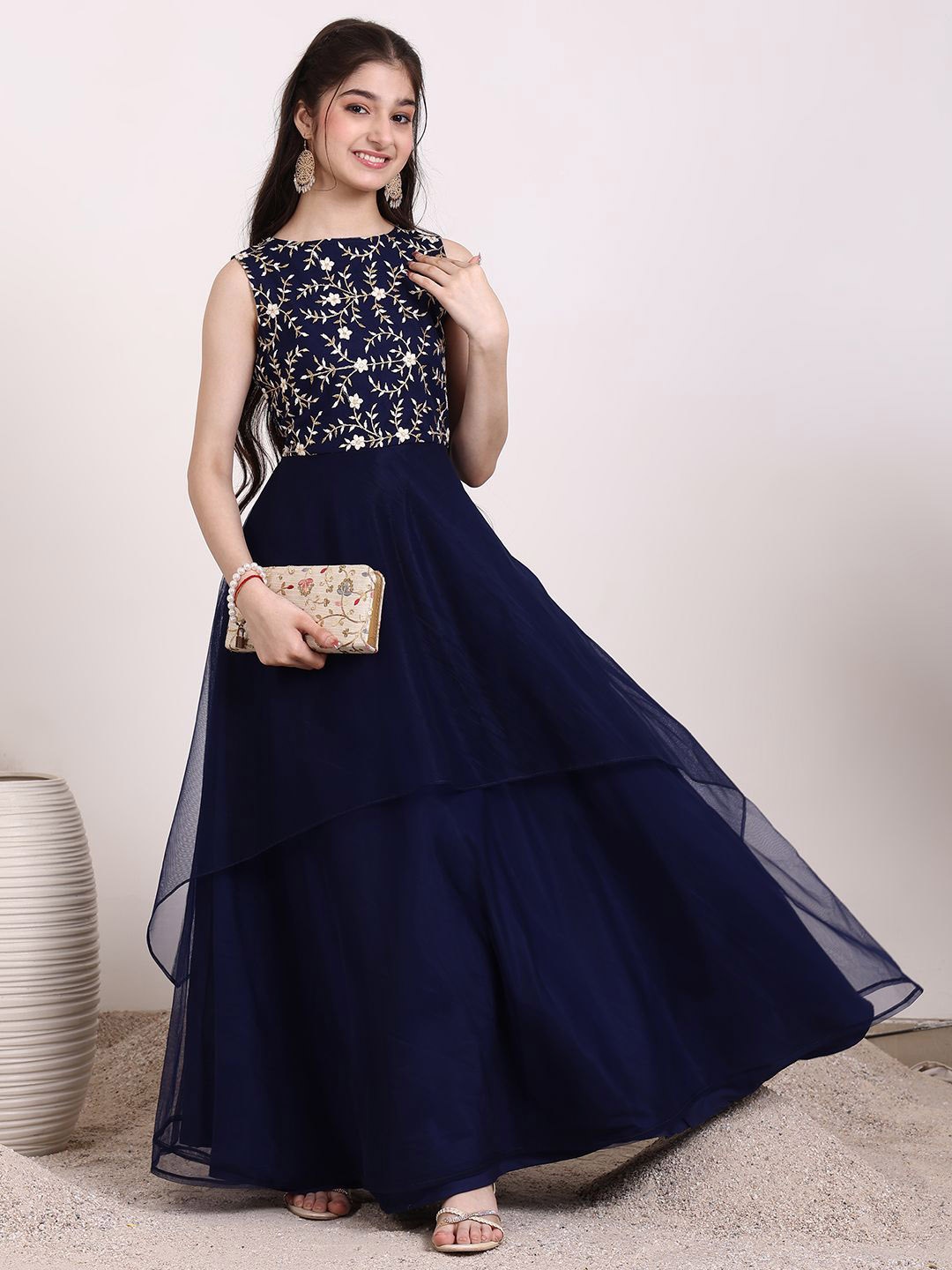 

Inddus Girls Floral Embroidered Gown Ethnic Dress, Navy blue