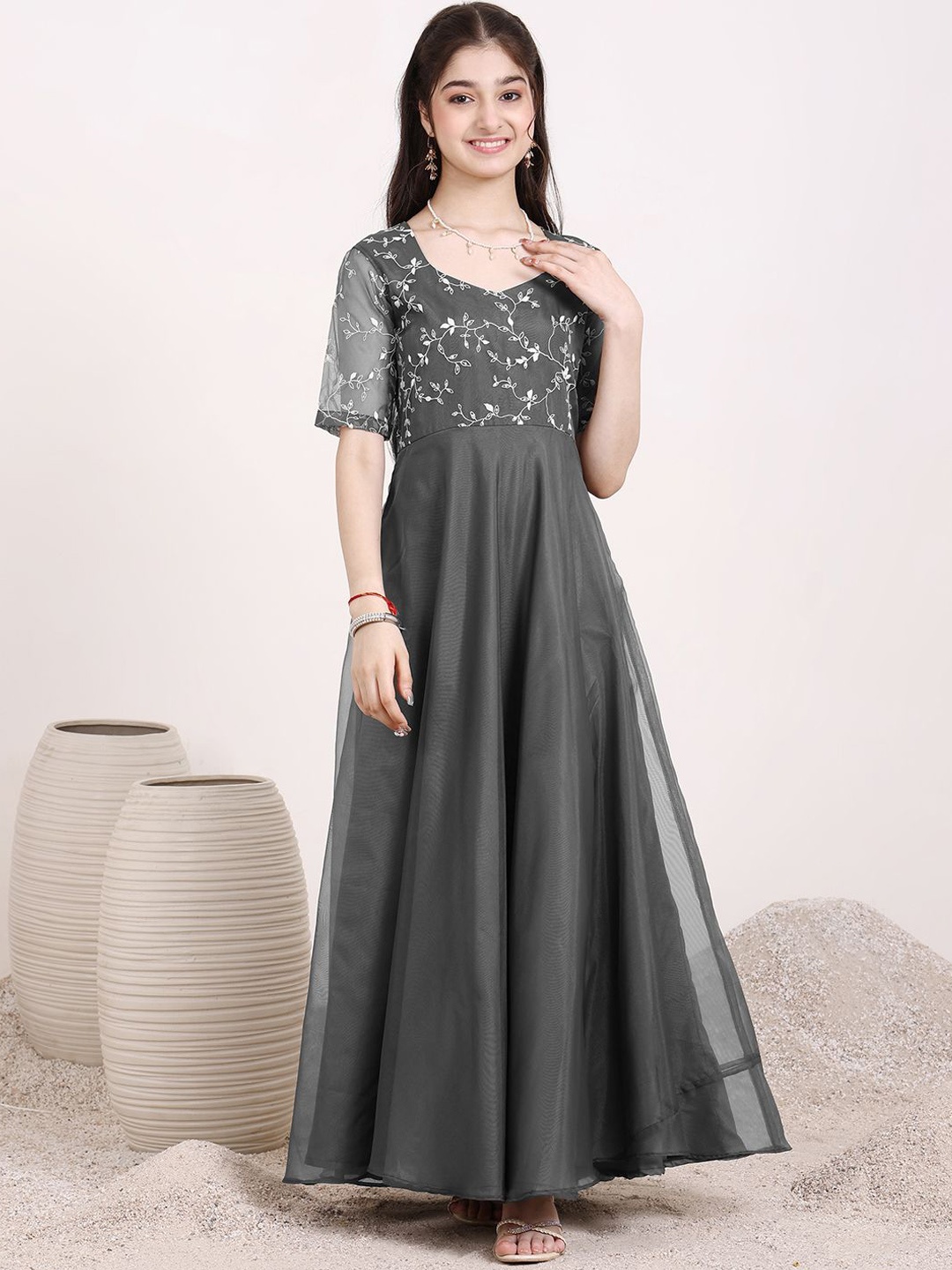 

Inddus Girls Embroidered Ethnic Maxi Dresses, Grey