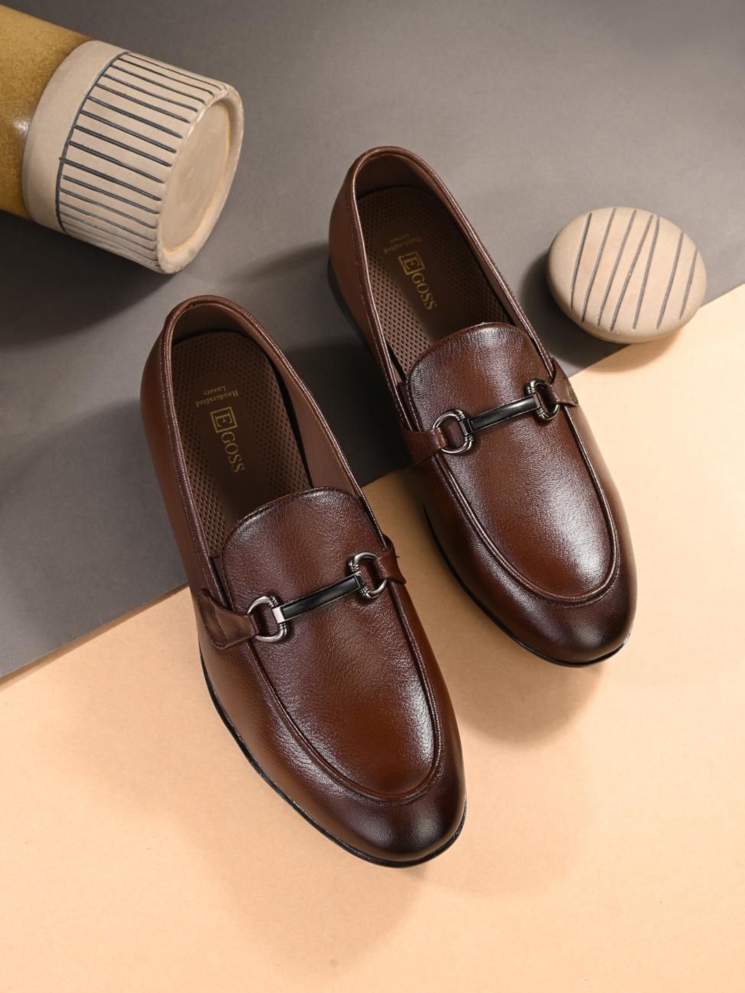 Egoss Men Round Toe Leather Formal Loafers, Brown