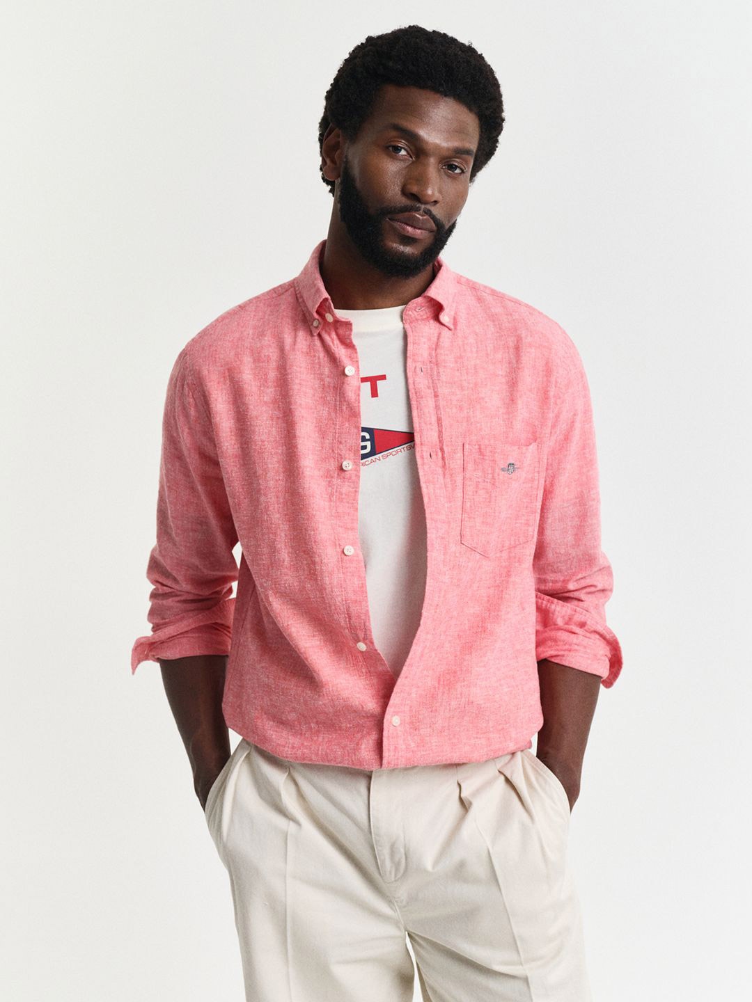 

GANT Men Button-Down Collar Cotton Linen Casual Shirt, Pink